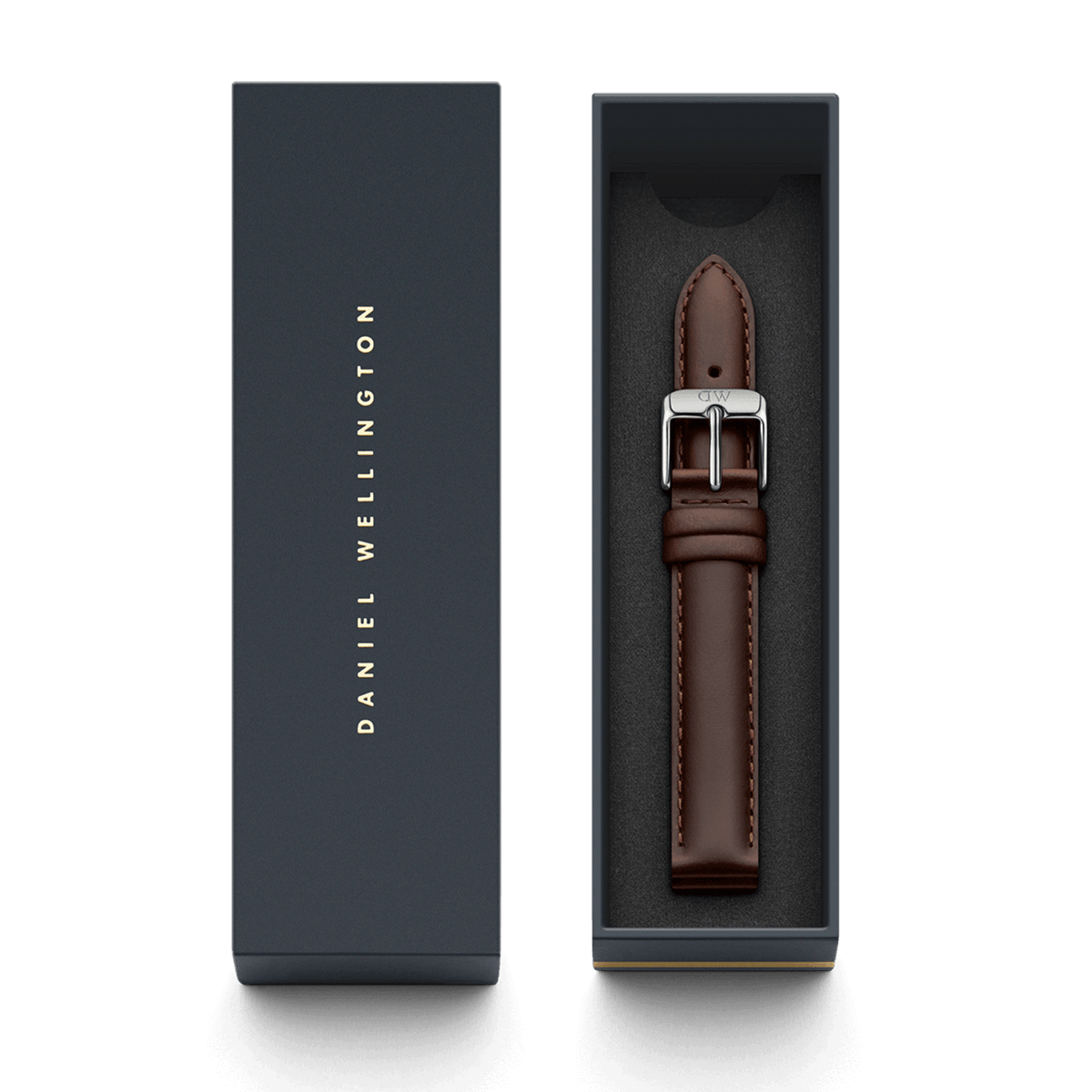 Daniel Wellington Bristol Strap Silverのパッケージ画像。ネイビーのブランドロゴが入った化粧箱と、開封した状態で収められたダークブラウンのレザーストラップが並んでいます。ギフトにもぴったりの上品な仕上がりです。