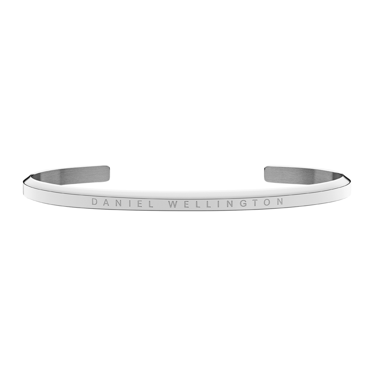 Daniel Wellington Classic Valentine Bracelet Silverの正面からの全体写真。ポリッシュ仕上げのシルバーオープンカフに、ブランドロゴが控えめに刻印されたミニマルデザインのブレスレットです。