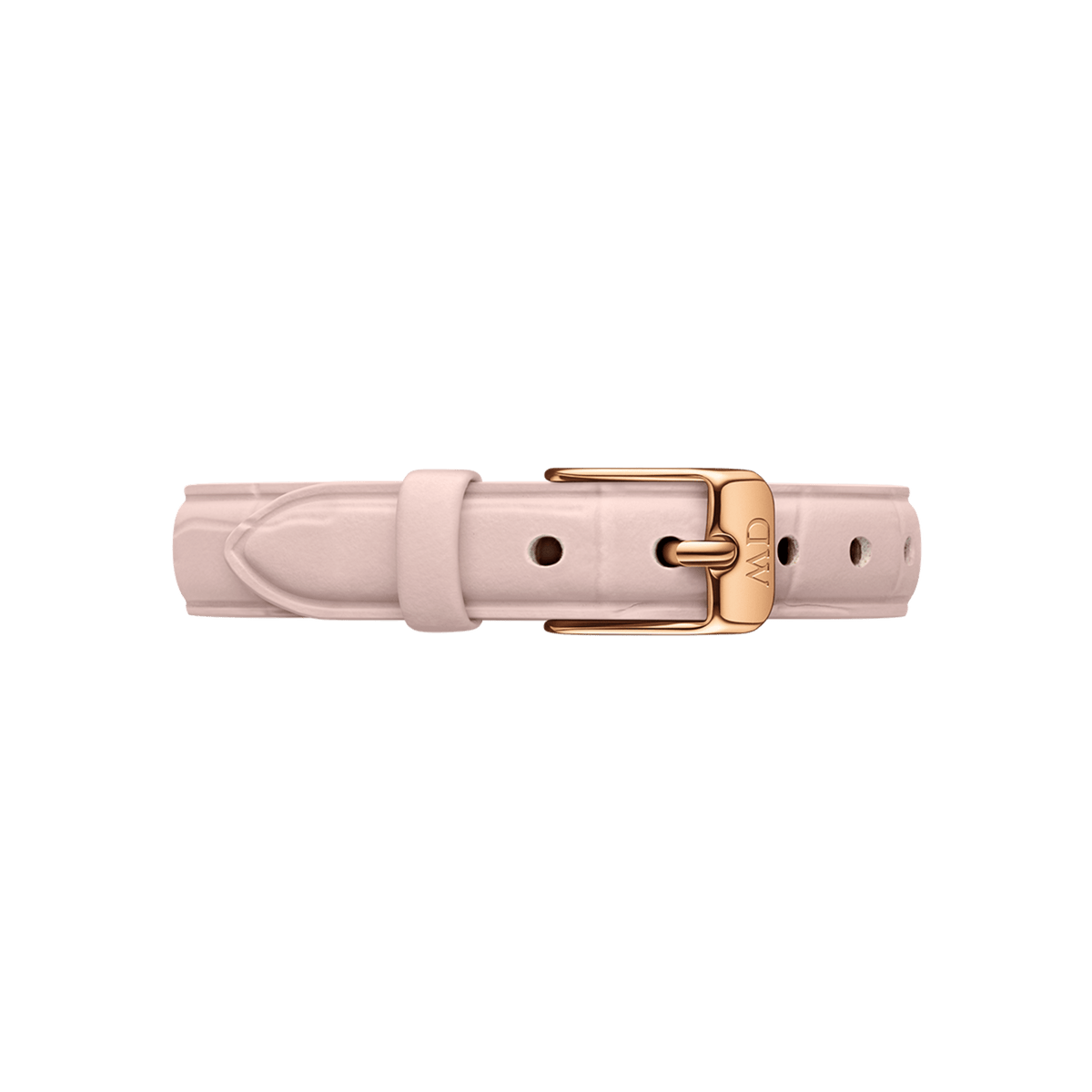Daniel Wellington Pressed Rouge ストラップのバックル部分をクローズアップ。淡いルージュピンクのクロコダイル型押しレザーに、ブランドロゴがあしらわれたローズゴールドのピンバックルが映える、10mm幅の細身ストラップです。