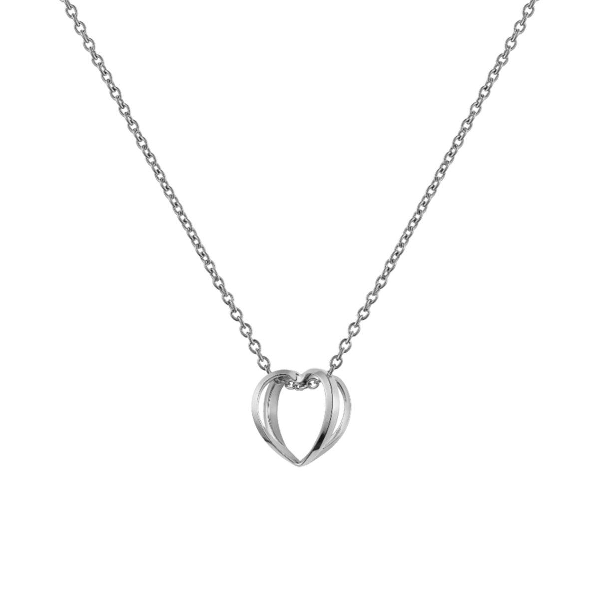 Daniel WellingtonのElan Le Coeur Necklace シルバーカラーの全体像です。細めのチェーンに、二本のラインが交差して立体的なオープンハートを描くペンダントがあしらわれています。