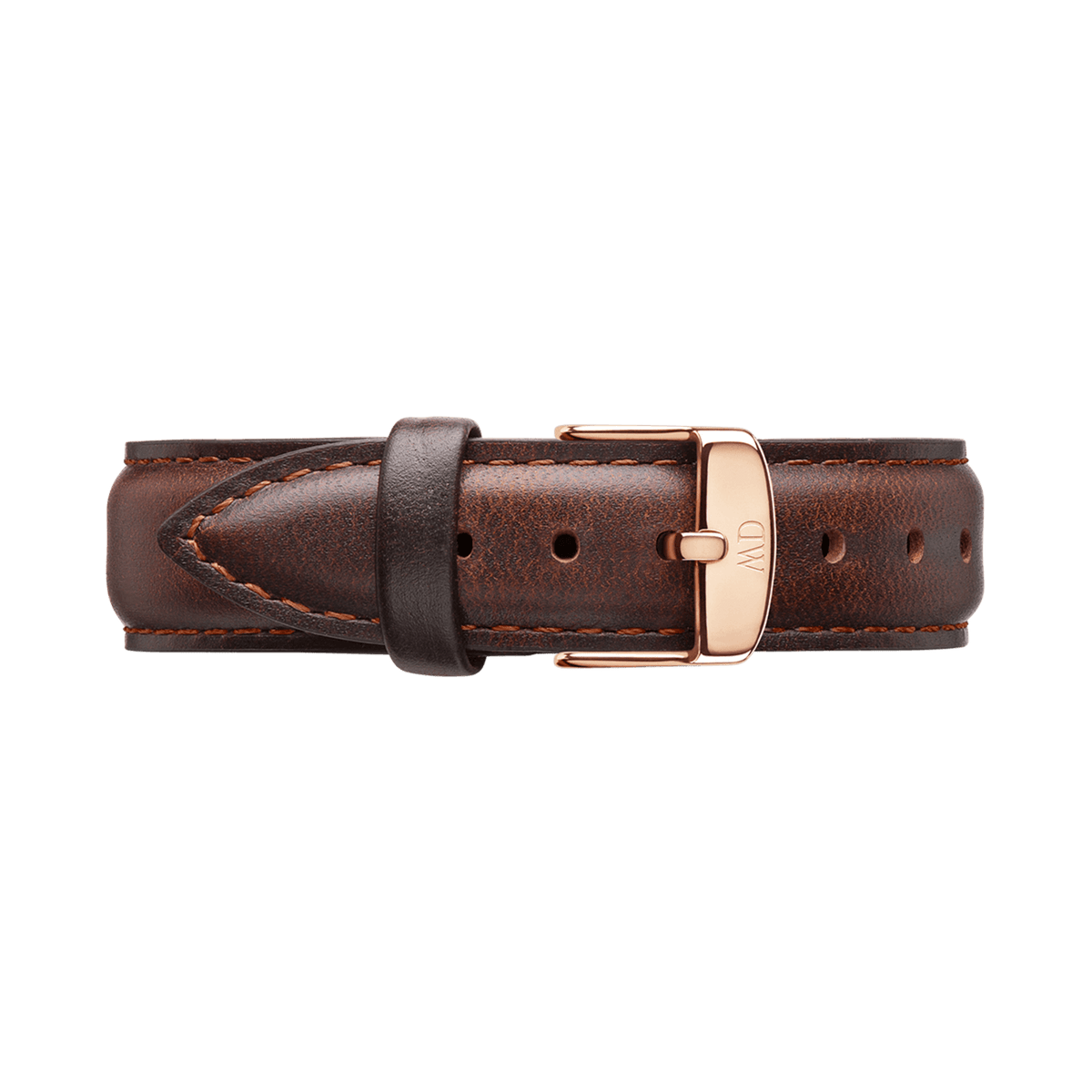 Daniel WellingtonのBristol Strap ローズゴールドを折りたたんだ状態で撮影した画像です。ダークブラウンのレザーストラップは、きめ細かな革の質感と両サイドに施された丁寧なステッチが特徴で、中央に配されたローズゴールドのピンバックルとのバランスが美しい仕上がりとなっています。