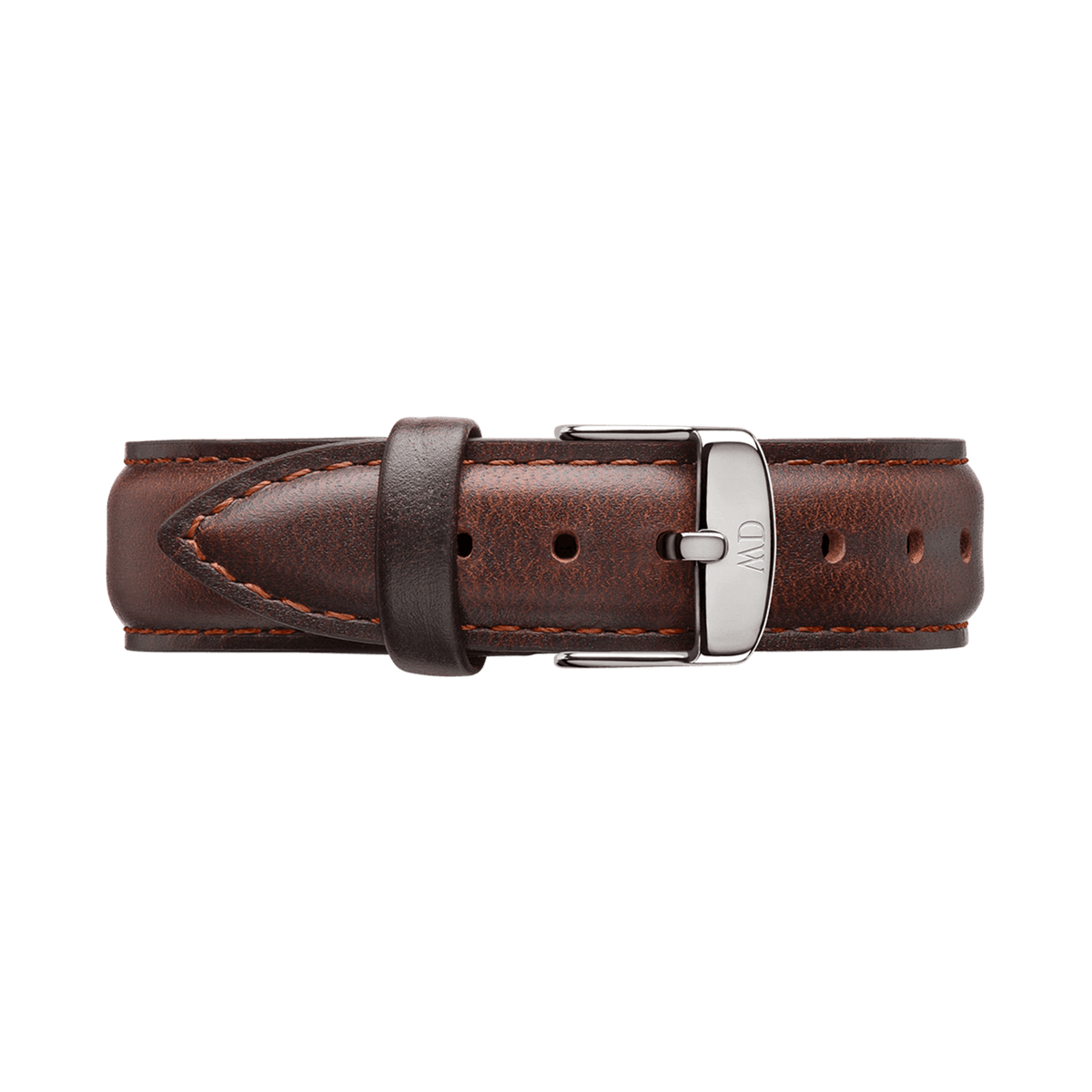 ダニエルウェリントン Bristol Strap Silverをバックル側から撮影した画像です。ダークブラウンのレザーストラップには、革肌の濃淡やブラウンのステッチ、遊び革の細部まで確認できます。ロゴ入りのシルバーバックルが留められた状態で収まっています。