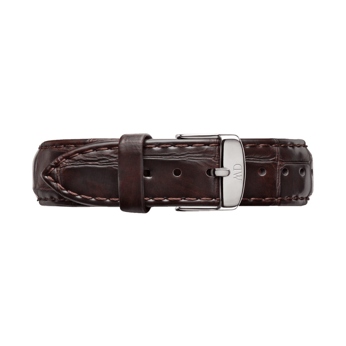 ダニエルウェリントン York ストラップ シルバーを留め具を閉じた状態で撮影しています。ダークブラウンの本革がループを通してコンパクトにまとまり、クロコダイル型押しの深みのある革肌とシルバーバックルの組み合わせが上品で落ち着いた印象を演出します。