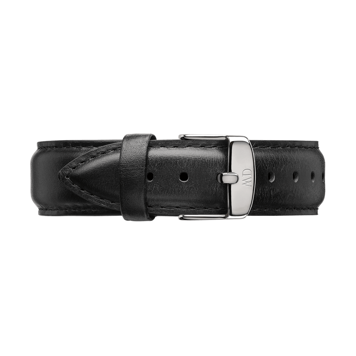 Daniel WellingtonのSheffield Strap Silver XL用ブラックレザーストラップです。滑らかな黒革に同色のステッチを施し、シルバーのピンバックルにはブランドロゴが刻印されています。