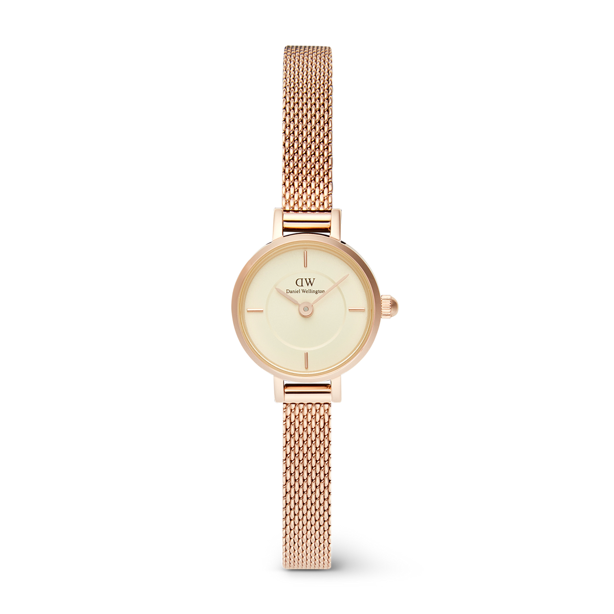 Daniel Wellington Petite Mini Champagne Melroseの正面画像。19mmのローズゴールドケースに、シャンパンカラーのサンレイダイヤルとローズゴールドのメッシュストラップを組み合わせた、コンパクトな女性向け腕時計です。