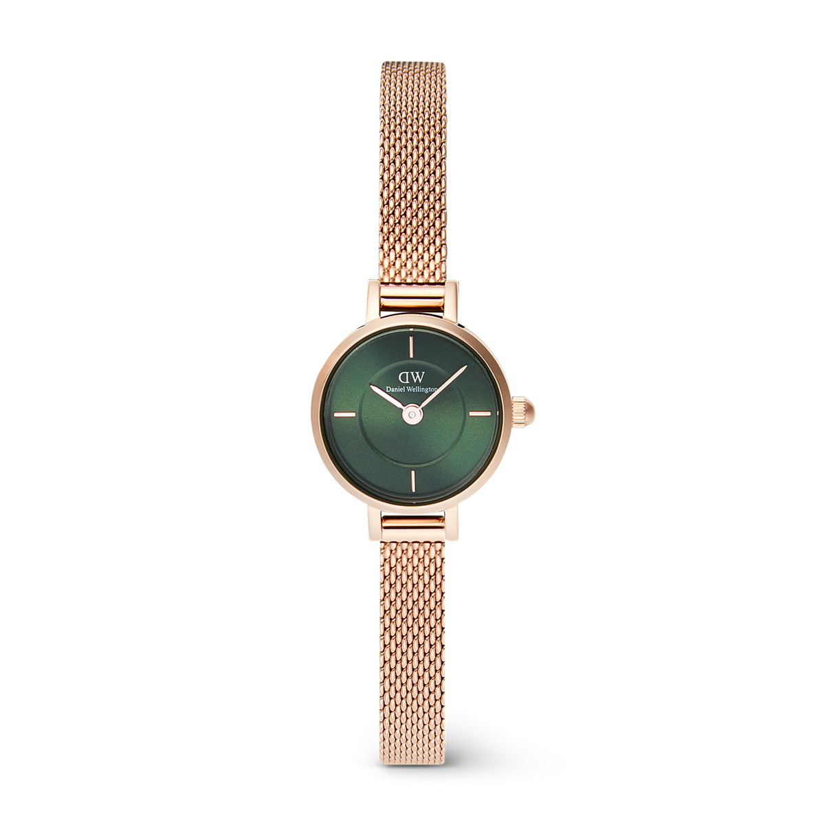 Daniel WellingtonのPetite Mini Emerald Melroseは、エメラルドグリーンのサンレイダイアルとローズゴールドのメッシュストラップを組み合わせた、19mmサイズの女性向け腕時計です。