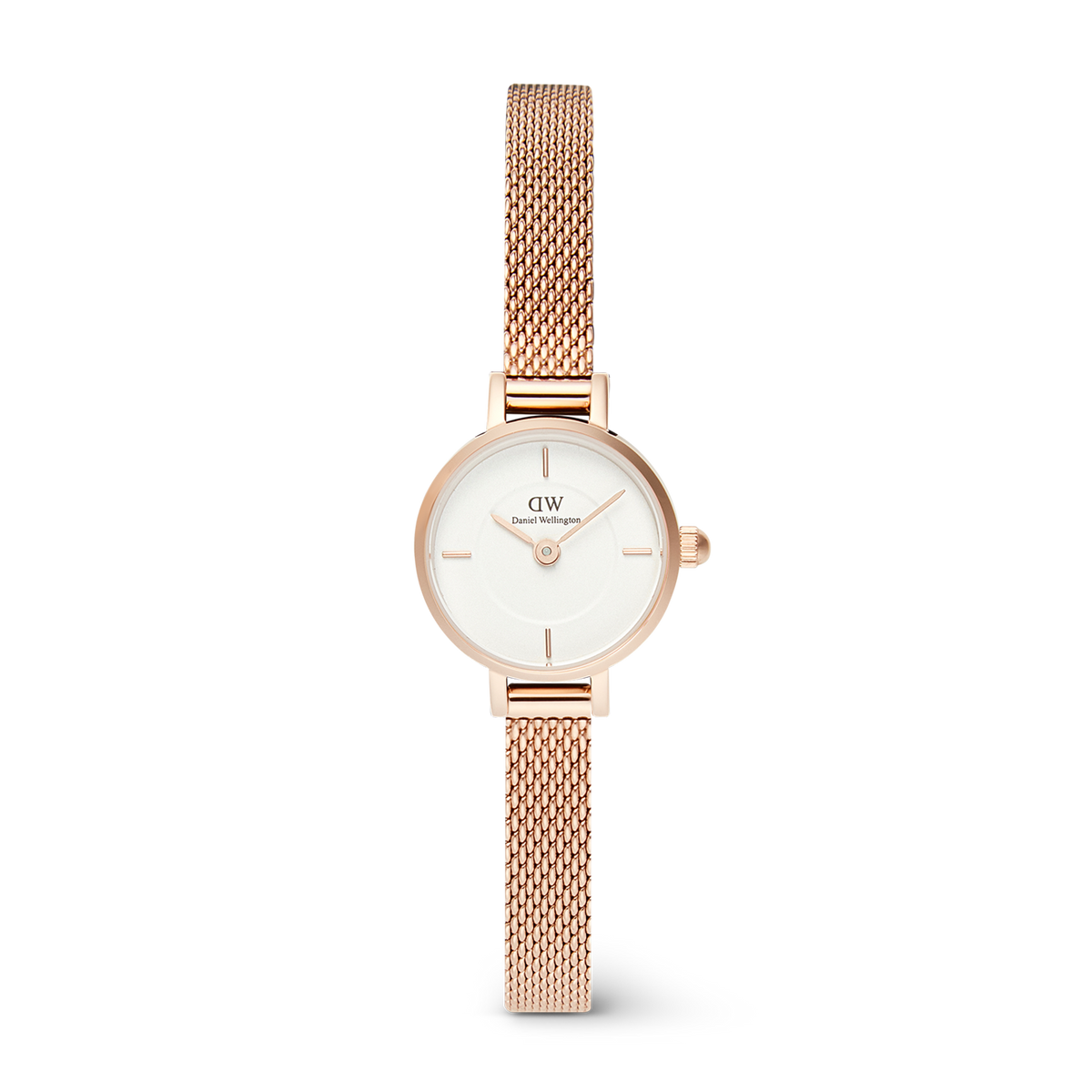 Daniel WellingtonのPetite Mini Melrose ローズゴールドメッシュストラップモデル。ホワイトのサンレイダイヤルにインナーサークルリングをあしらった、19mmのコンパクトなケースが特徴の女性向け腕時計です。