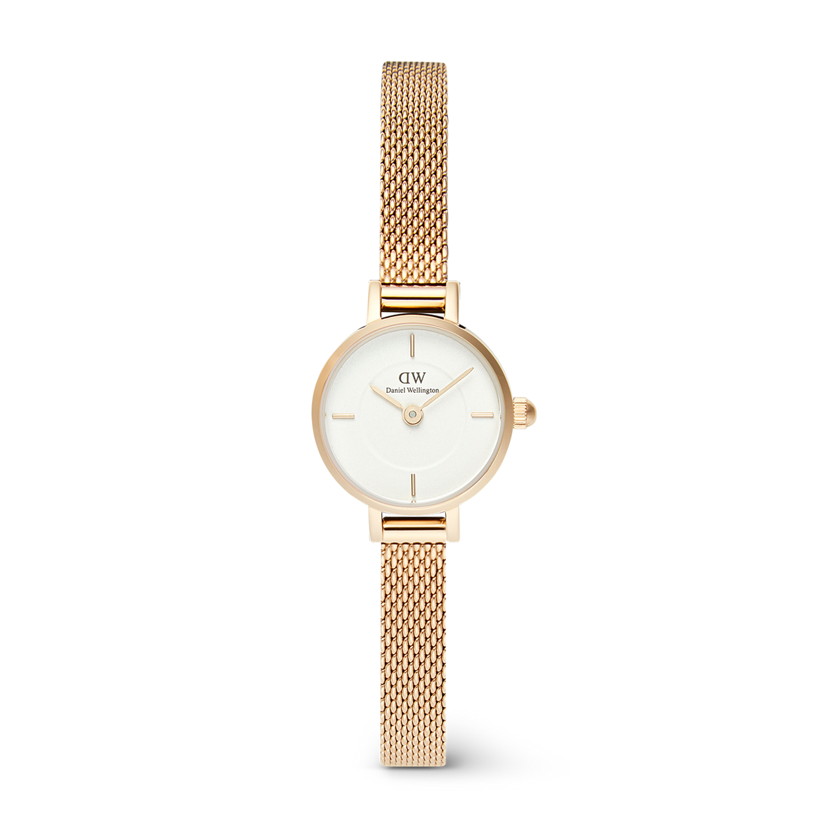 Daniel WellingtonのPetite Mini Evergoldです。コンパクトな19mmのゴールドケースに、ホワイトサンレイダイヤルとインナーサークルリングをあしらった上品なデザイン。細やかなゴールドメッシュストラップがブレスレットのような印象を与え、エレガントな雰囲気を演出します。