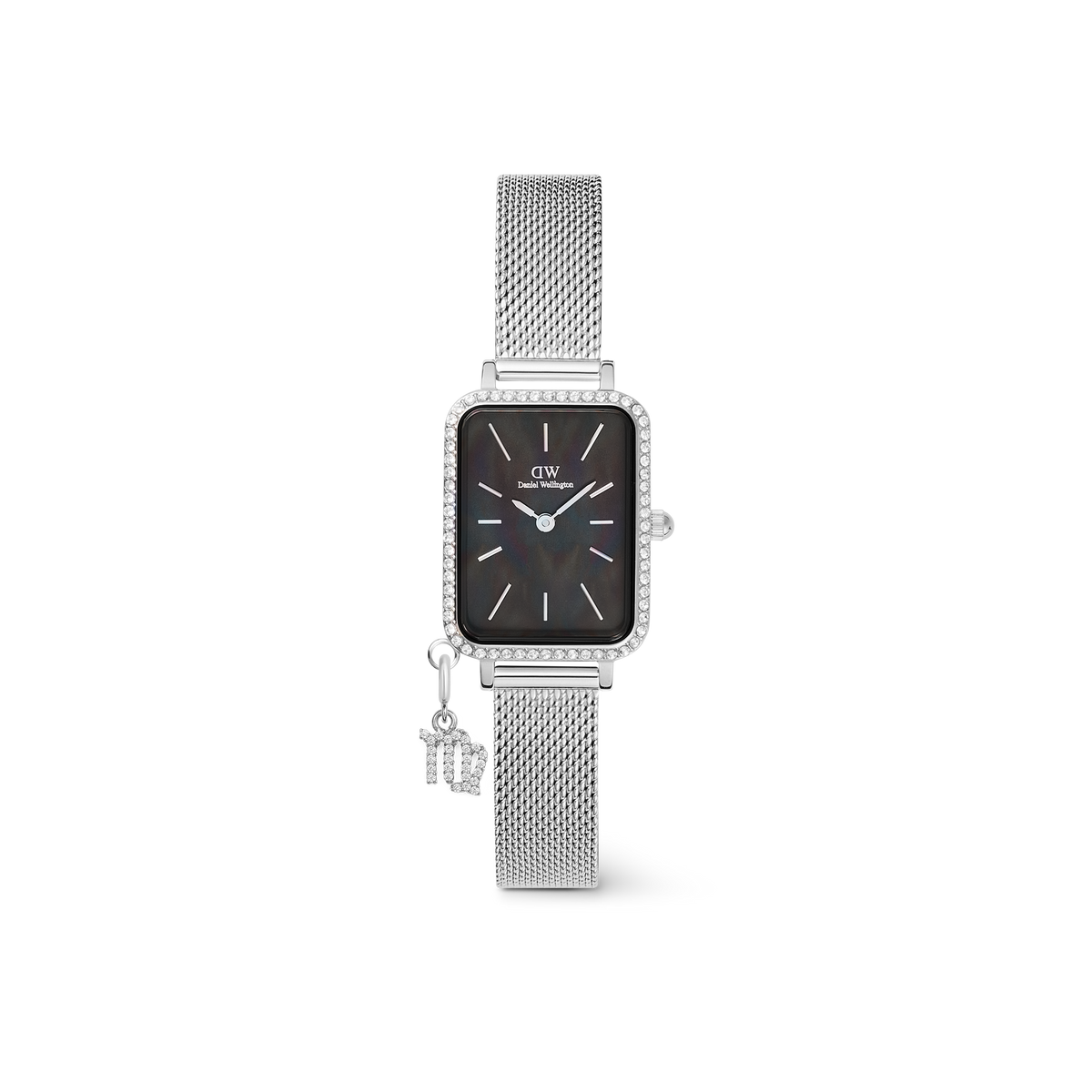 Quadro Crystal Zodiac Sterling Setのスクエア型腕時計です。シルバーメッシュのストラップにクリスタルのベゼルが輝き、ブラックマザーオブパールの文字盤が上品な光沢を放ちます。ケースサイドには乙女座をモチーフにしたクリスタルチャームがあしらわれています。