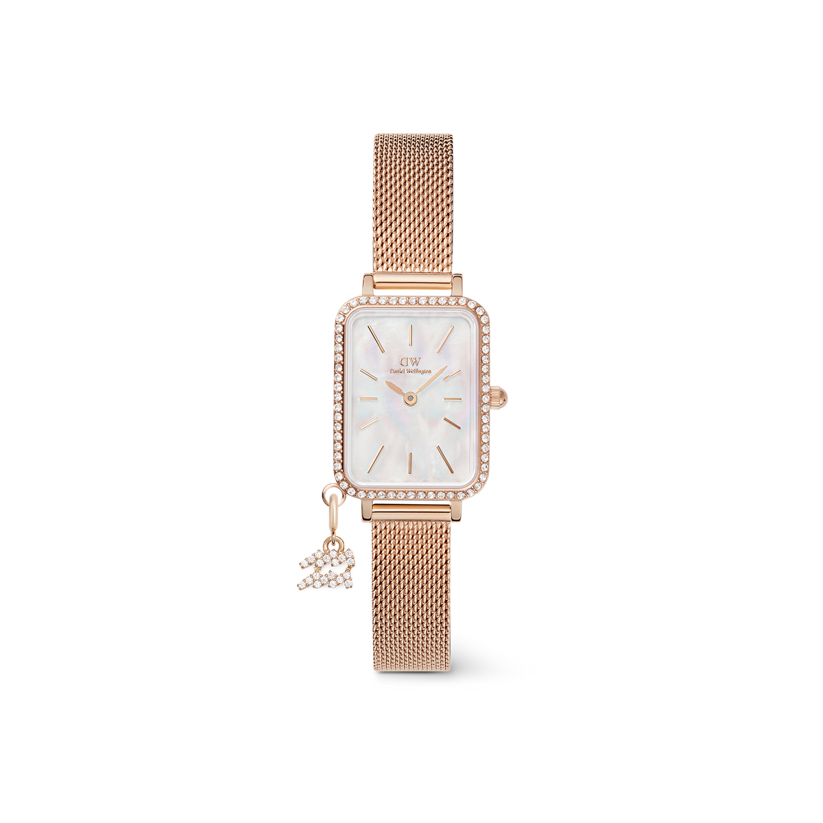 Quadro Crystal Zodiac Melrose Setの正面画像です。ローズゴールドのメッシュストラップとクリスタルをあしらったスクエアケースが特徴で、ホワイトマザーオブパールの文字盤にはローズゴールドのバーインデックスが配されています。ケース下部にはみずがめ座をモチーフにしたクリスタルチャームが揺れています。