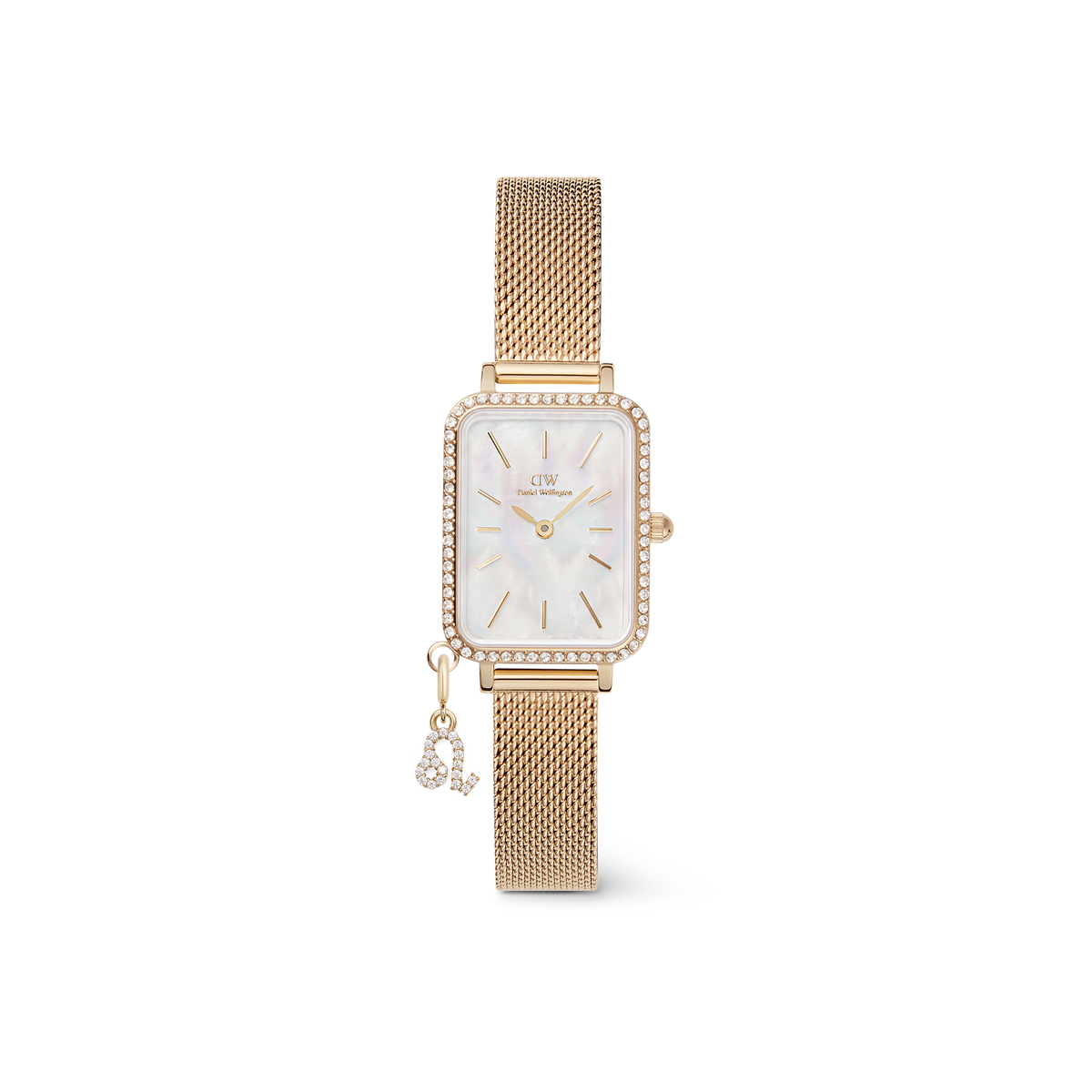 Quadro Crystal Zodiac Evergold Setの俯瞰画像です。ゴールドのスクエアケースにクリスタルベゼルが華やかに輝き、マザーオブパールの文字盤にはゴールドのバーインデックスがあしらわれています。ケース下部にはキュービックジルコニアで牡牛座のモチーフを描いたチャームが付いており、細やかなゴールドメッシュストラップが全体を上品にまとめています。