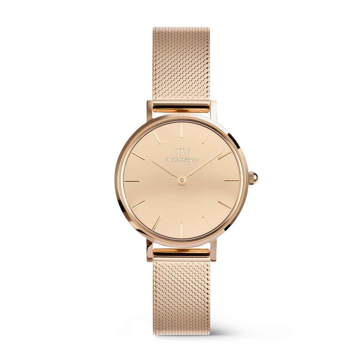 Daniel Wellington Petite Reflection Rose Goldの正面画像。ダイヤル、ケース、メッシュストラップをローズゴールドのワントーンで統一した28mmの女性向け腕時計です。バーインデックスと針も同色に仕上げられ、鏡面のような一体感が特徴となっています。