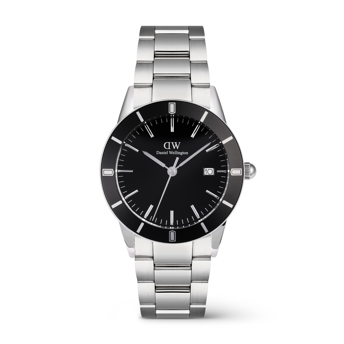 Daniel Wellington Iconic Paradigma Link Black Enamelの正面画像です。ブラックエナメルのベゼルとブラック文字盤にシルバーのインデックスが映え、3時位置にはデイト窓を配したシルバーの3リンクブレスレットモデルです。