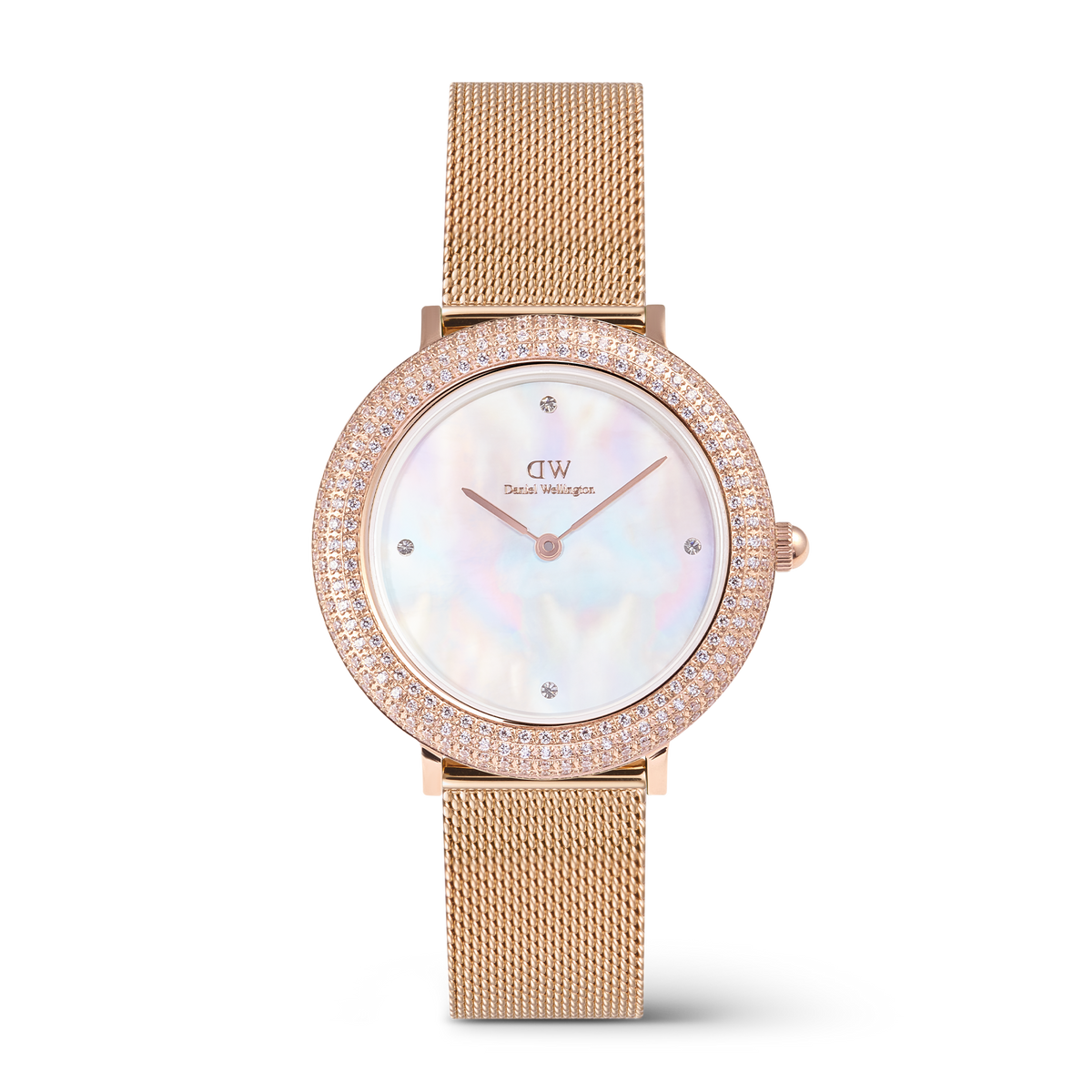 Daniel Wellington Crystalline Bezel Melroseの正面画像。クリスタルをあしらったローズゴールドのベゼルと、虹色に輝く白蝶貝のダイヤル、4つのストーンインデックスが特徴の32mmレディース腕時計です。ローズゴールドのメッシュストラップを装着しています。