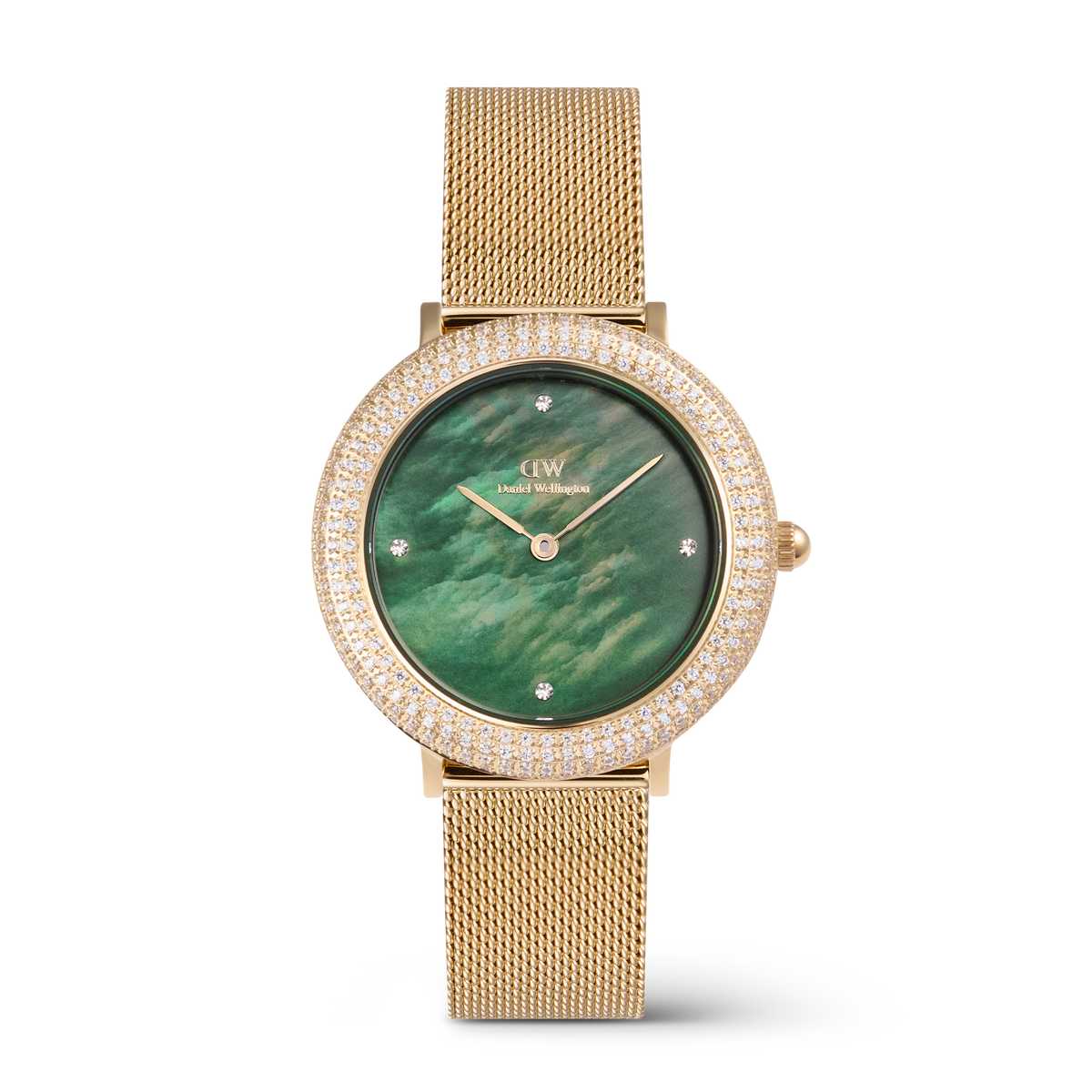 ダニエルウェリントン Crystalline Bezel Evergold Greenの正面画像です。グリーンのマザーオブパールダイヤルにクリスタルベゼルが輝き、ゴールドのメッシュストラップを組み合わせた32mmの女性向け腕時計です。