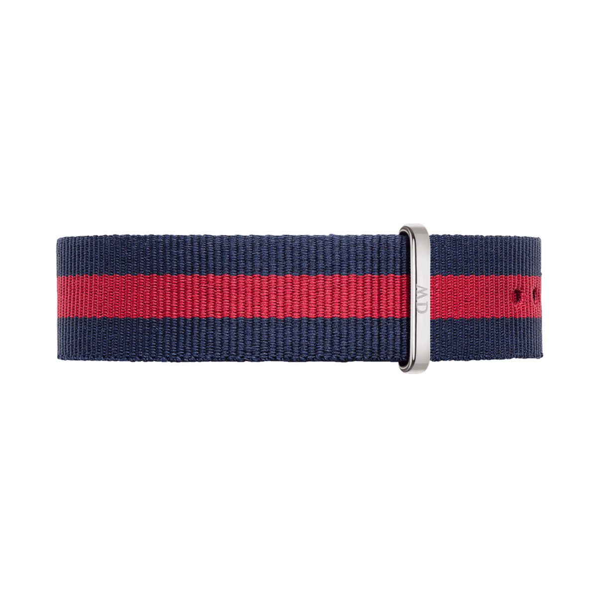 ダニエルウェリントン Oxford Strapのネイビーとレッドのストライプが特徴のNATOタイプ時計ベルトです。シルバーの尾錠とキーパーを備えた正面からの商品写真をご覧いただけます。