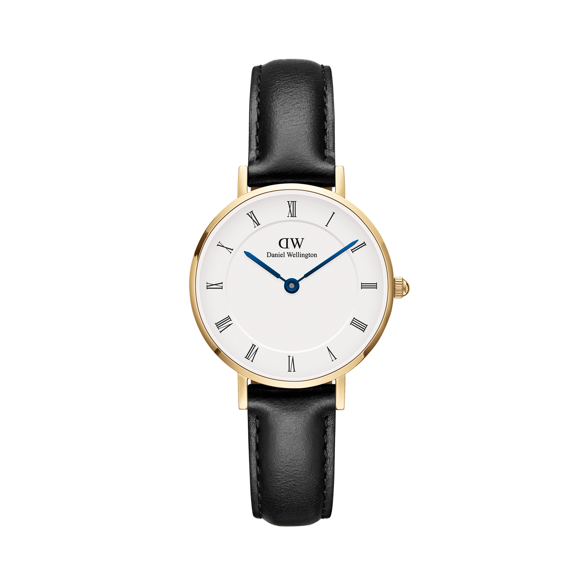 Daniel Wellington Petite Roman Numerals Sheffield Goldの正面画像。ホワイト文字盤にローマ数字のインデックスとブルースチールの針が映え、ゴールドケースとブラックレザーストラップが上品なコントラストを描く女性向け腕時計です。