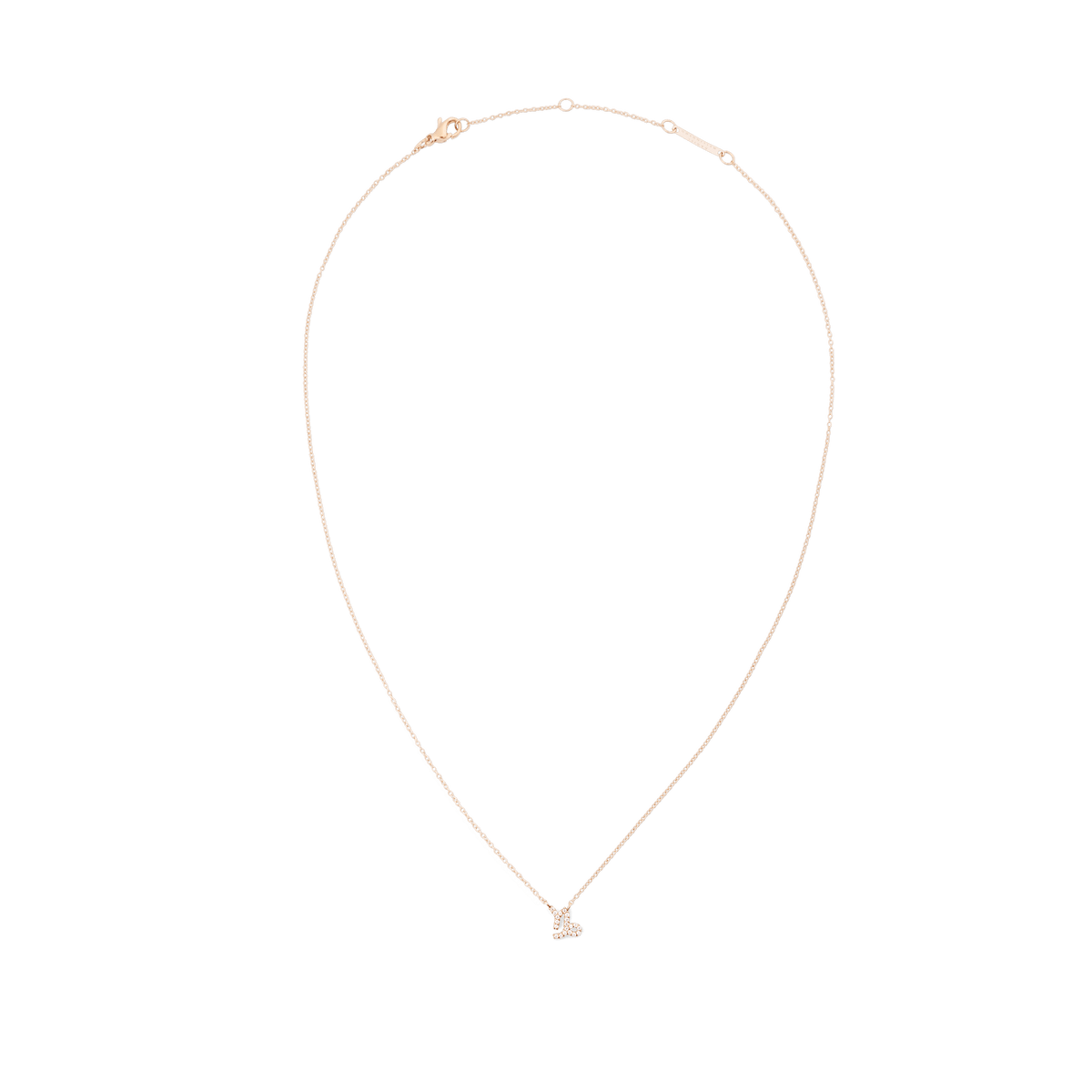 白背景で撮影したCrystal Zodiac Chain Necklace Rose Goldの商品全体写真です。繊細なローズゴールドチェーンの先端に、クリスタルをあしらった星座ペンダントが下がっています。ロブスタークラスプやアジャスターチェーンのディテールもはっきりと確認できます。