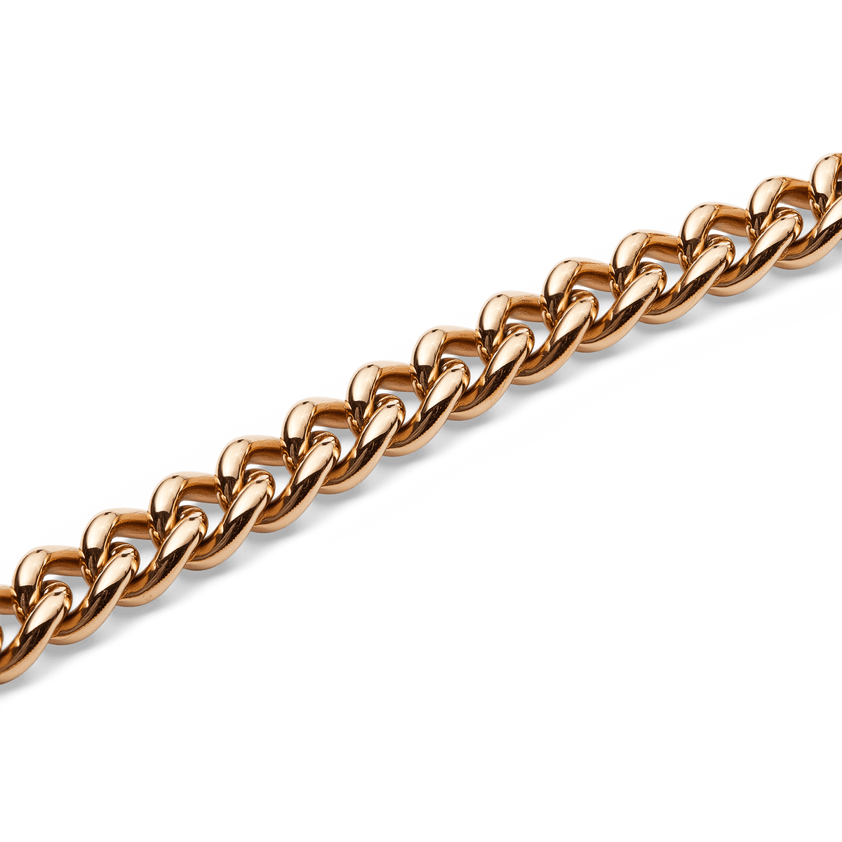 ローズゴールドのチェーンネックレス「Chunky Chain Necklace Rose Gold」のリンク部分をクローズアップした画像です。ポリッシュ仕上げのローズゴールドが光を反射し、美しい輝きを放っています。太めのチェーンリンク一つひとつの立体感と滑らかな質感が際立ちます。