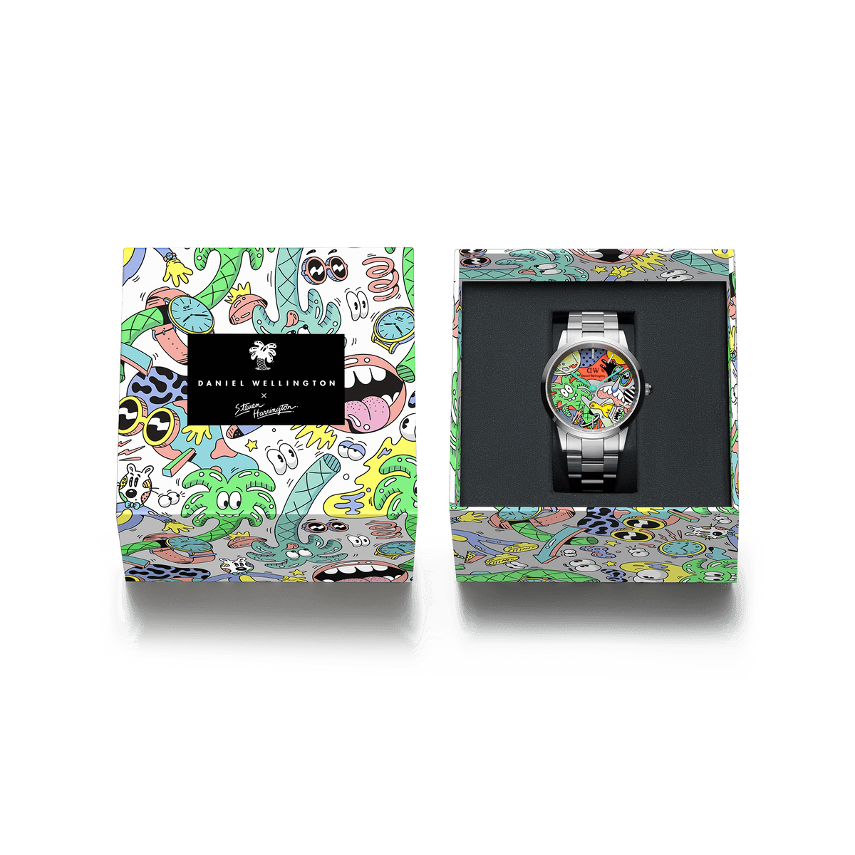 Steven Harrington x Daniel WellingtonのIconic Link Multicolor専用アートボックス付き腕時計セットです。箱の表面と蓋には、スティーブン・ハリントンによるカラフルなキャラクターイラストが全面に描かれています。開封すると、シルバーブラケットの本体がブラックのクッションケースに収められています。