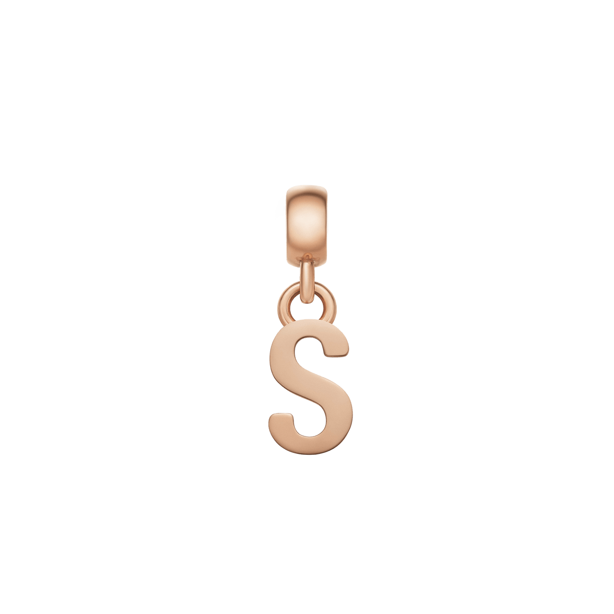 ダニエルウェリントンのレターチャーム「S」ローズゴールド。優美な曲線が描くシルエットと、上品なローズゴールドのポリッシュ仕上げが魅力のコンパクトなイニシャルチャームです。