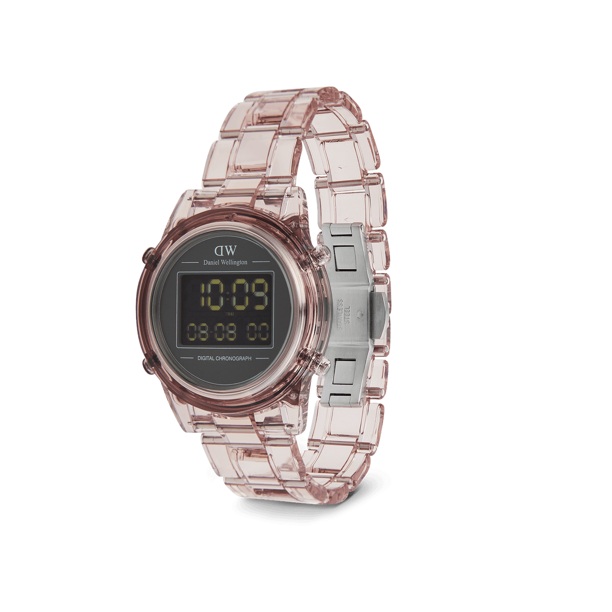 ダニエルウェリントン Retro Digital Dark Pinkを斜め横から撮影した画像です。ダークピンクの半透明リンクブレスレットの奥にはステンレススチール製のバックルが見え、ケース側面のボタンやラウンド型デジタル文字盤のレイアウトが確認できます。