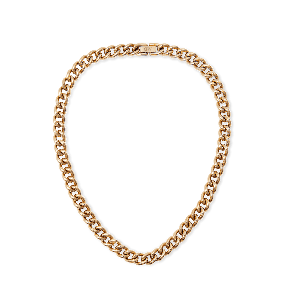 Daniel WellingtonのChunky Chain Necklace Rose Goldの全体像です。ポリッシュ加工を施したローズゴールドの太めチェーンが連なり、留め金部分にはブランドロゴが刻印されています。