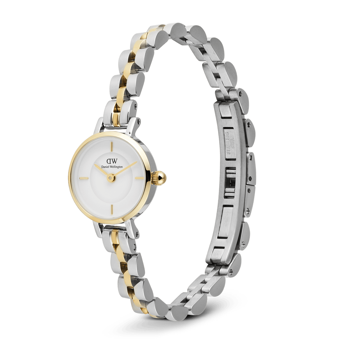 Petite Mini Arch 3-Link Two Tone Goldを斜め横から撮影した画像です。バタフライ式のバックルやステンレススチール製ブレスレットの裏面が確認でき、ゴールドとシルバーのコントラストが美しいアーチ型リンクの立体感が際立ちます。