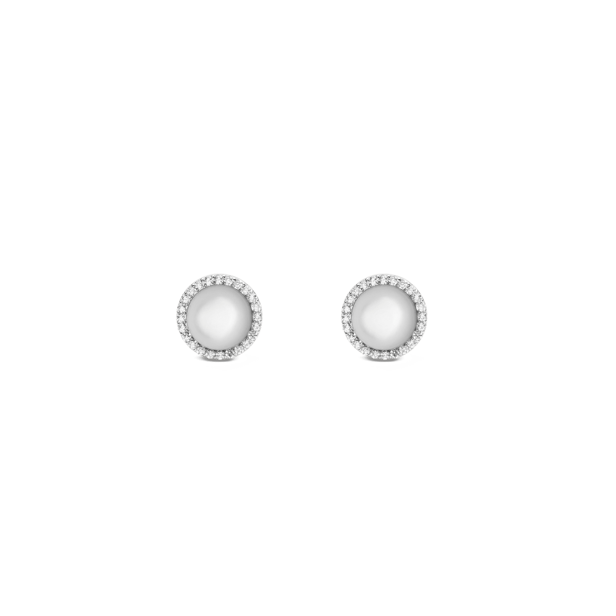 ダニエルウェリントン Audrey Earrings Mother of Pearl Silverの正面画像。ドーム型のマザーオブパールを中央に配し、ホワイトキュービックジルコニアのヘイローで縁取ったシルバーカラーのスタッドピアスです。