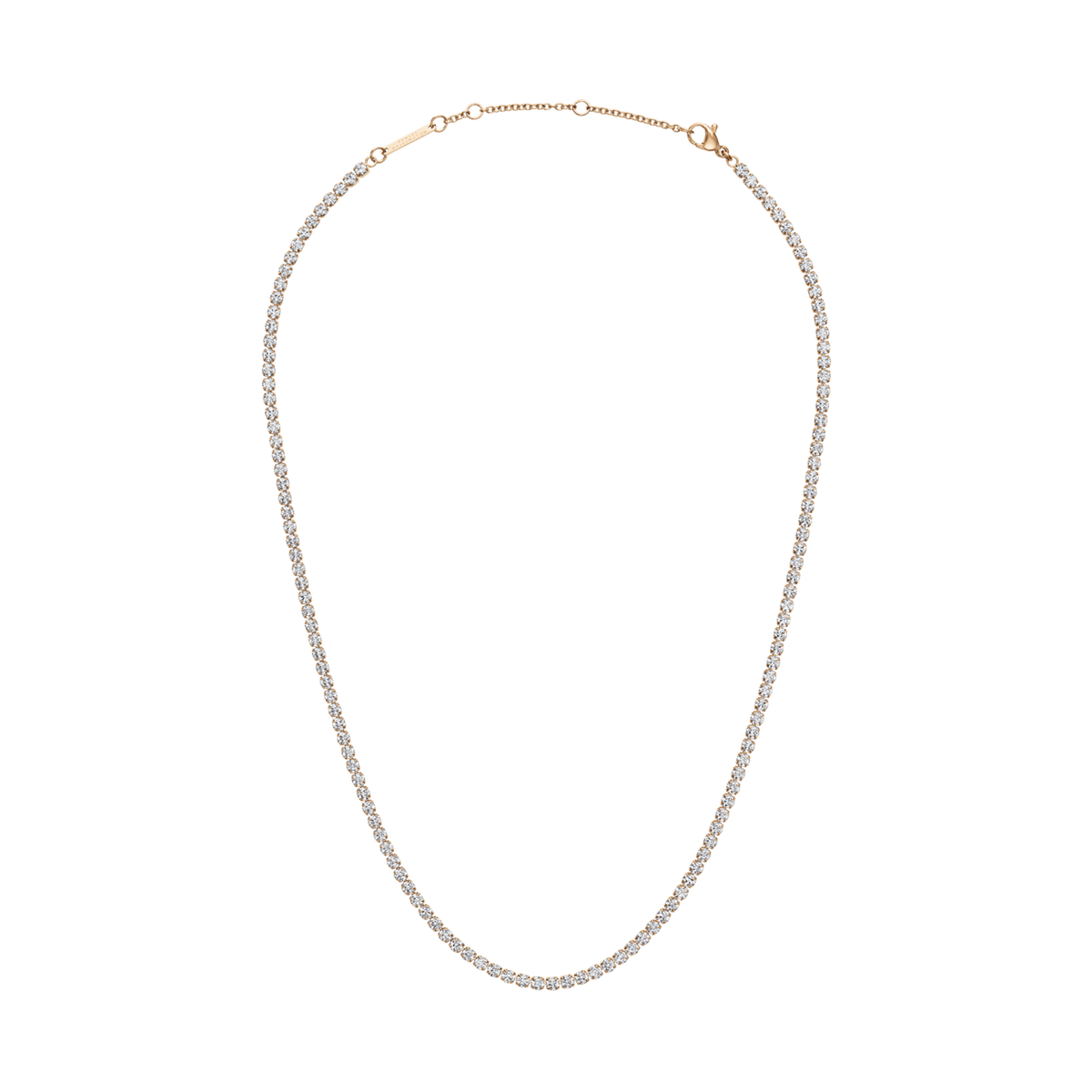 Daniel WellingtonのClassic Tennis Necklace ローズゴールドモデル。クリスタルが途切れることなく連なる繊細なテニスチェーンと、長さ調節用のアジャスターチェーンが確認できる全体のデザインです。