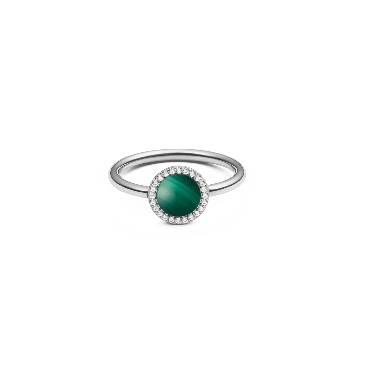 ダニエルウェリントン Audrey Ring Malachite Silverの正面画像。深いグリーンの縞模様が美しいドーム型のマラカイトを、ホワイトキュービックジルコニアのヘイローが囲み、細身のシルバーカラーリングにセットしたデザインです。