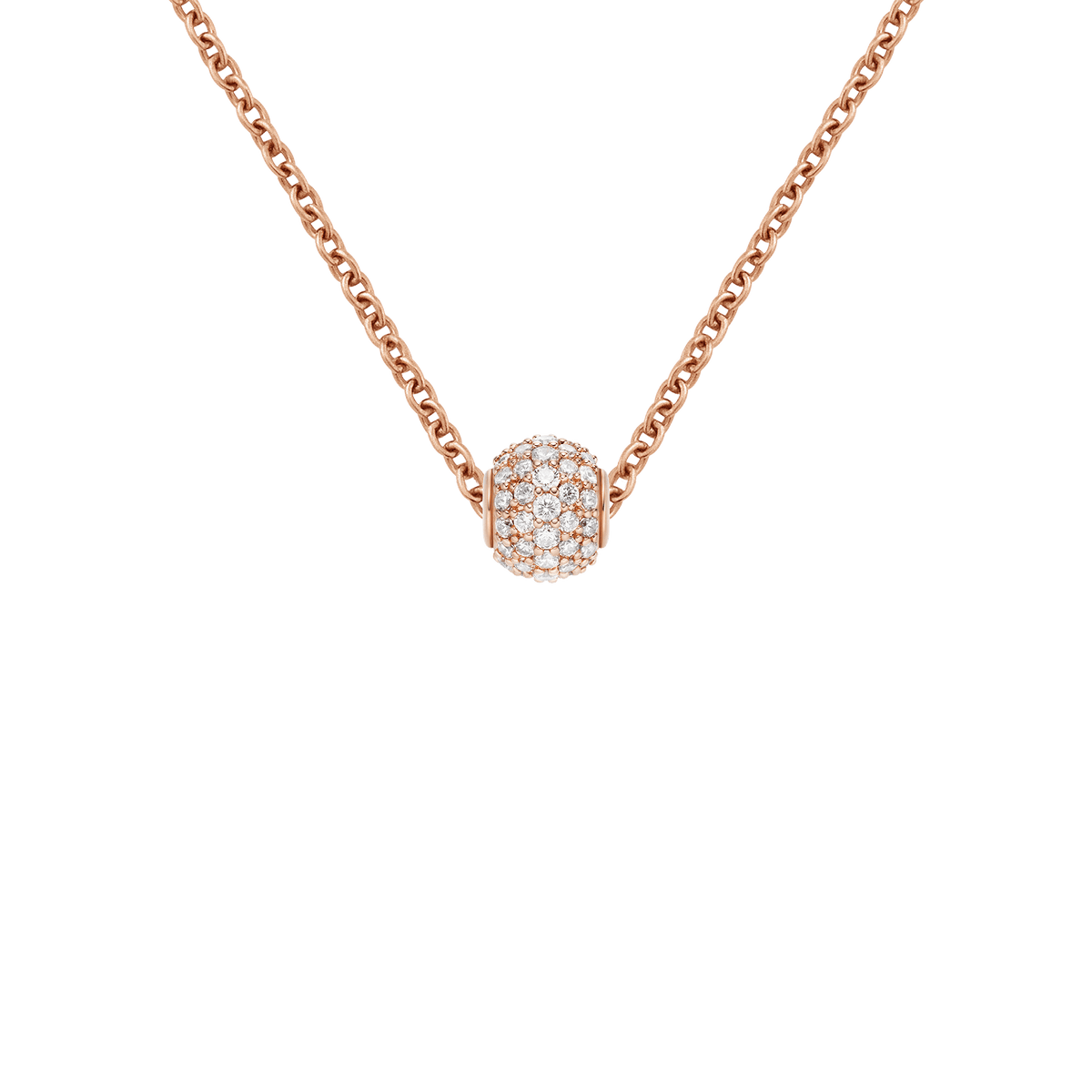 ローズゴールドのチェーンに通したPavé Orb White Crystal Charmのスタイリング例です。ホワイトクリスタルを贅沢にあしらったコンパクトなオーブ型チャームが、ネックレスのペンダントトップとして上品に輝きます。