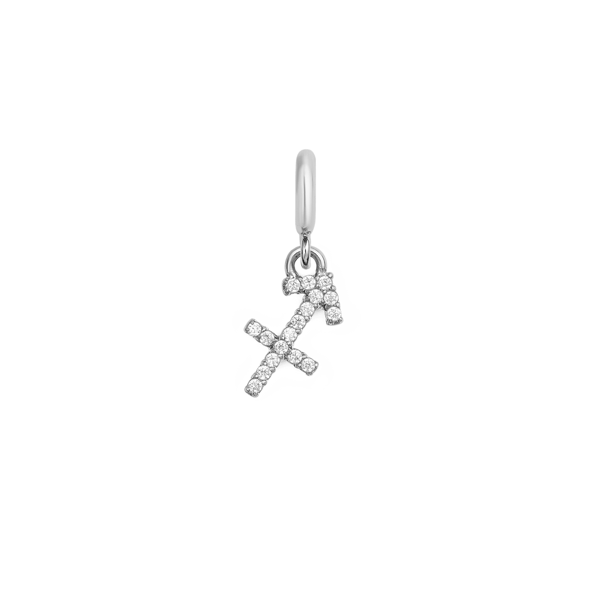 Daniel WellingtonのZodiac Watch Charm シルバー 射手座モデル。矢のモチーフをキュービックジルコニアであしらったシルバーカラーのチャームは、白い文字盤に繊細な輝きを添えます。