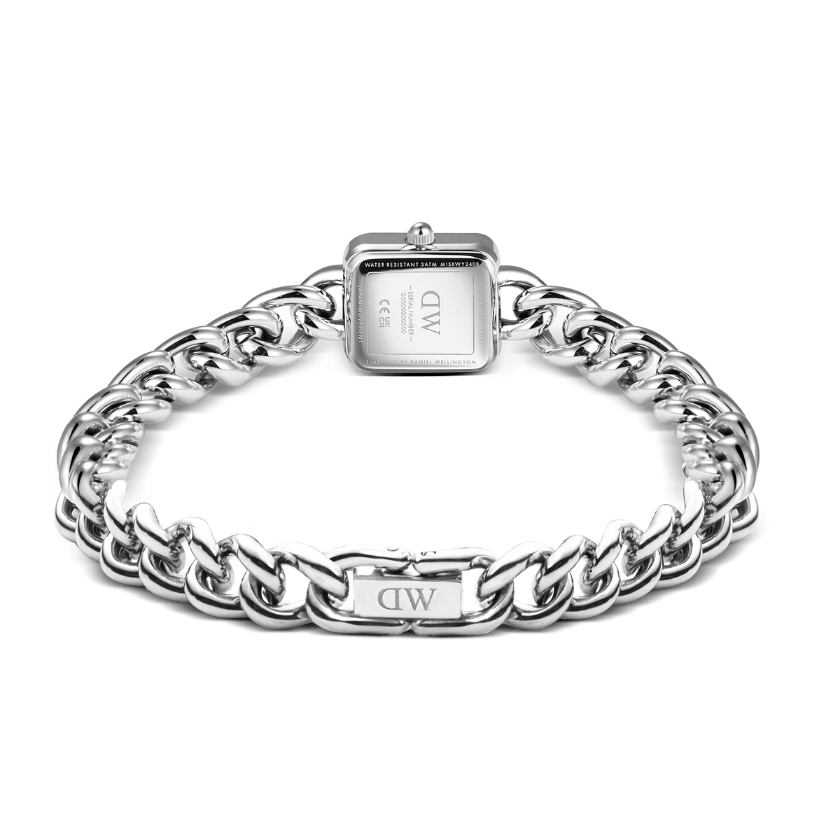 Jolie Chain Silverの裏面をご紹介します。スクエアケースの裏蓋には3ATM防水表記やシリアルナンバーが刻印されており、チェーン部分のクラスプにはDaniel Wellingtonのロゴが施されています。