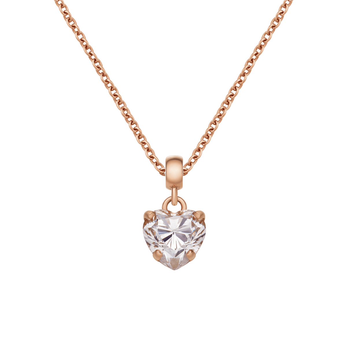 ローズゴールドのチェーンネックレスに通したDaniel Wellington Heart White Crystal Charmのスタイリング例です。多面カットのホワイトクリスタルが光を受け、透明感のある輝きを放ちます。