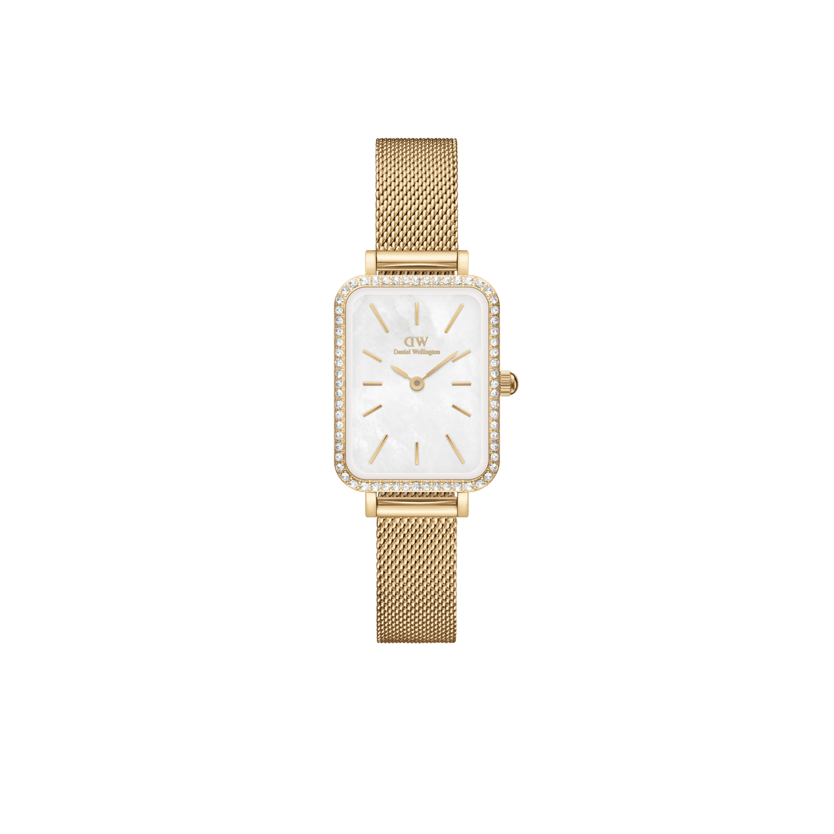 ダニエルウェリントン Quadro Lumine Bezel Evergoldの正面画像です。クリスタルベゼルに囲まれたホワイトマザーオブパールの文字盤と、ゴールドメッシュストラップをあしらったスクエア型のレディースウォッチです。