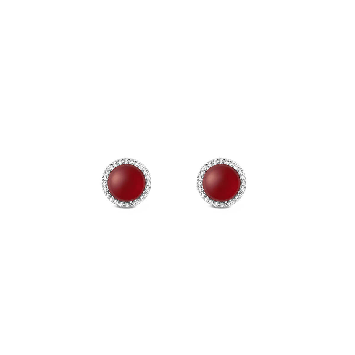 Daniel WellingtonのAudrey Earrings Red Agathe Silverです。ドーム型の赤メノウを中心に、ホワイトキュービックジルコニアのハローがシルバーフレームに沿って輝くスタッドピアスです。