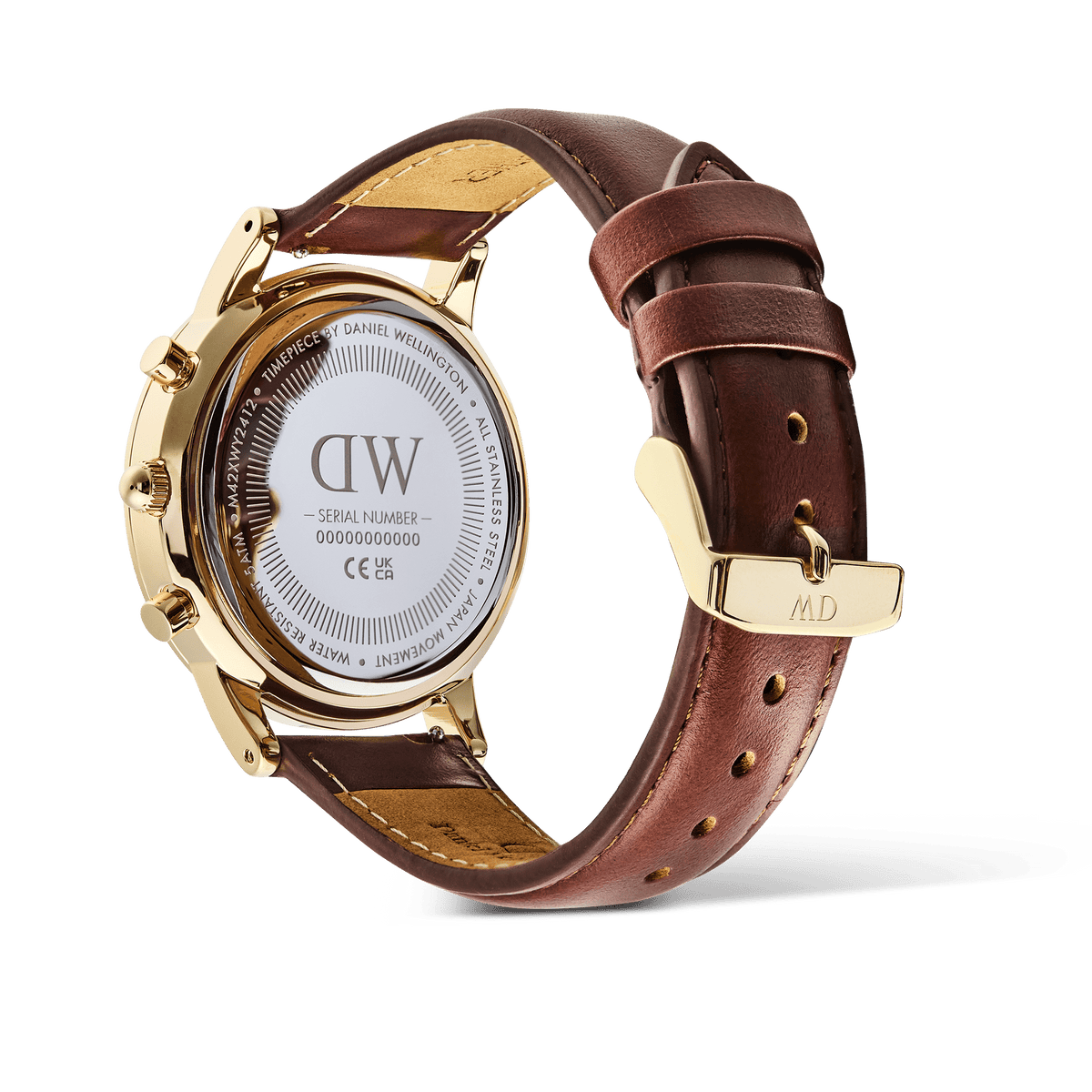 Iconic Chronograph St Mawes Arctic Panda Goldの裏蓋側を撮影した製品画像です。ゴールドケースの裏蓋にはブランドロゴとシリアルナンバーが刻印されており、ブラウンのレザーストラップにはゴールドのピンバックルとクイックリリース機構が装備されています。