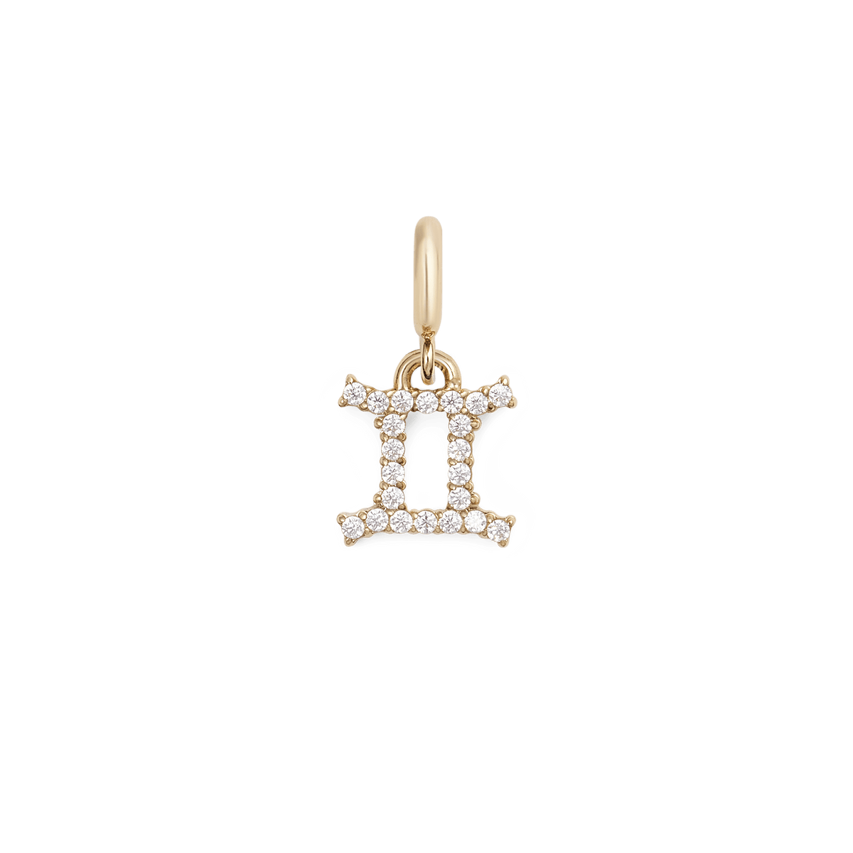 双子座のシンボルをモチーフにしたダニエルウェリントンのZodiac Watch Charm Gold。二本の柱を上下のラインでつないだ幾何学的なデザインに、キュービックジルコニアが輝きを添え、ゴールドのバチカンが全体を引き締めています。