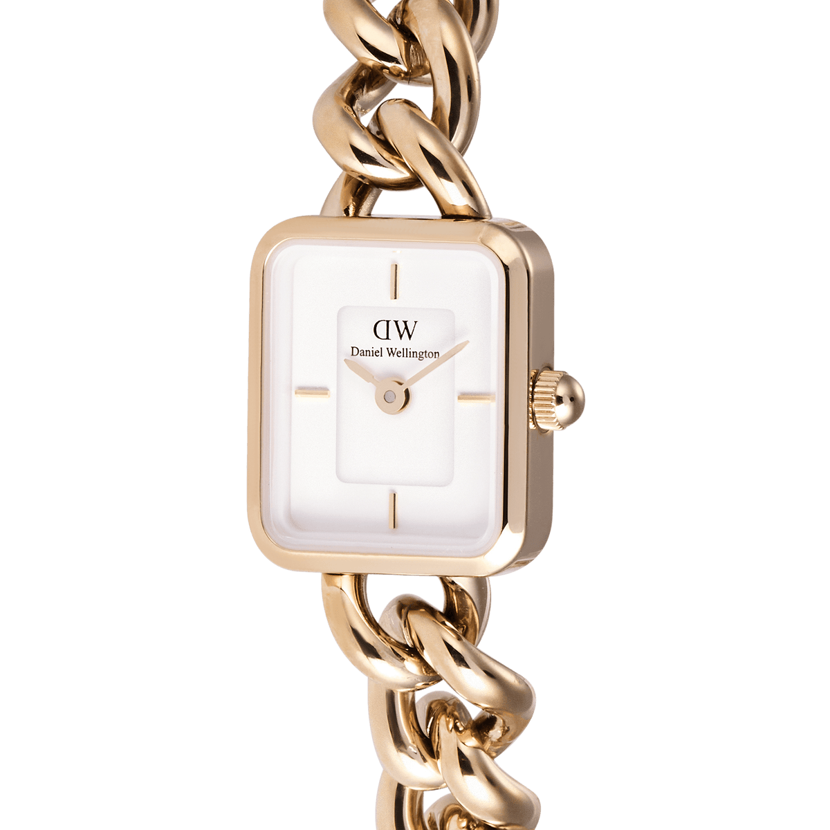 Jolie Chain Rose Goldのダイヤル周りをクローズアップした画像です。ローズゴールドのスクエアケースに収まるホワイト文字盤、バーインデックス、小ぶりなリューズ、そしてケースにつながるカーブチェーンリンクの質感が細部までご覧いただけます。