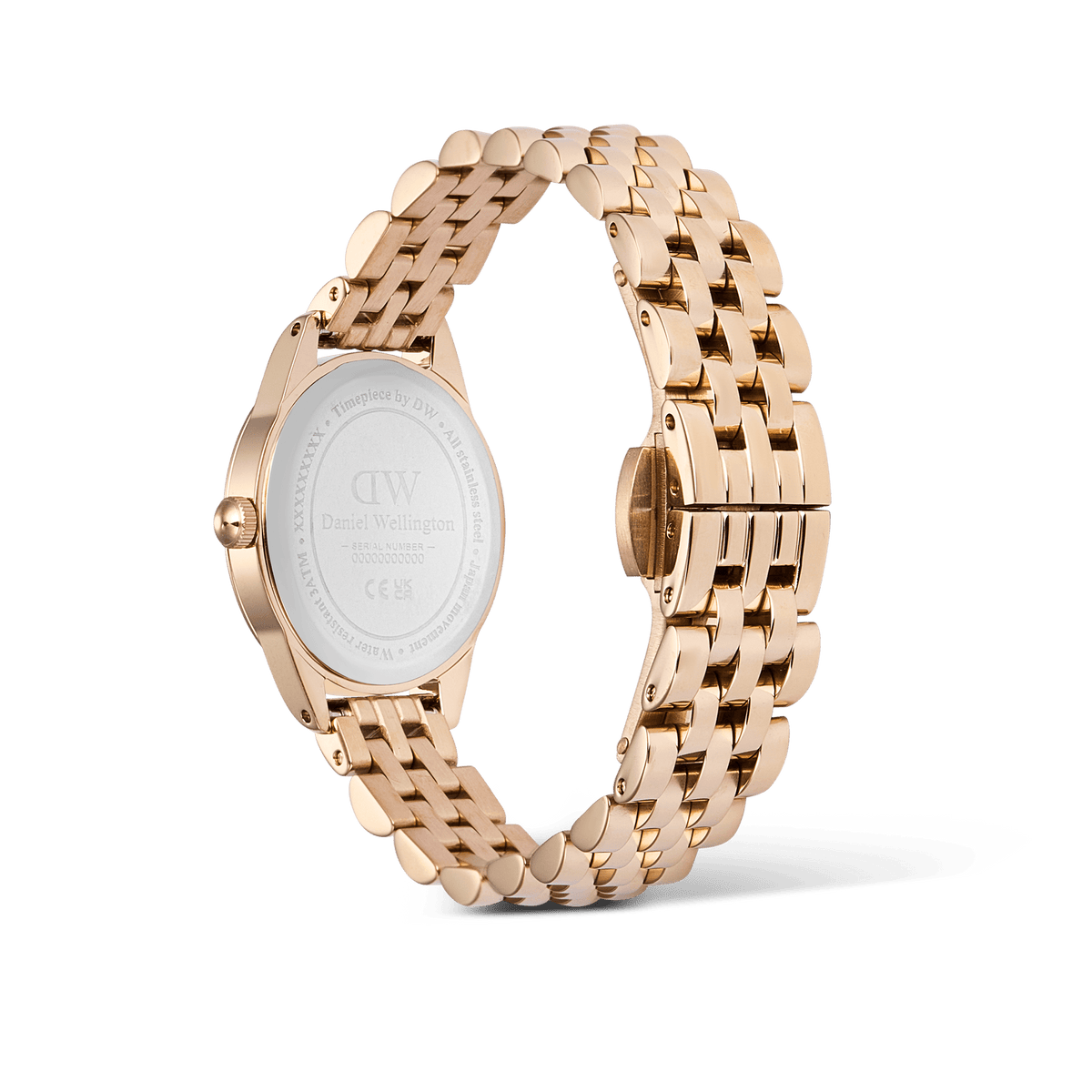 Ophelia Mini Rose Goldの裏蓋側を撮影した画像です。ケースバックにはDaniel Wellingtonのロゴとシリアルナンバーが刻印されています。また、ローズゴールドのビーンリンクブレスレットがリング状に配されており、各リンクのポリッシュ仕上げによる上質な輝きが確認できます。