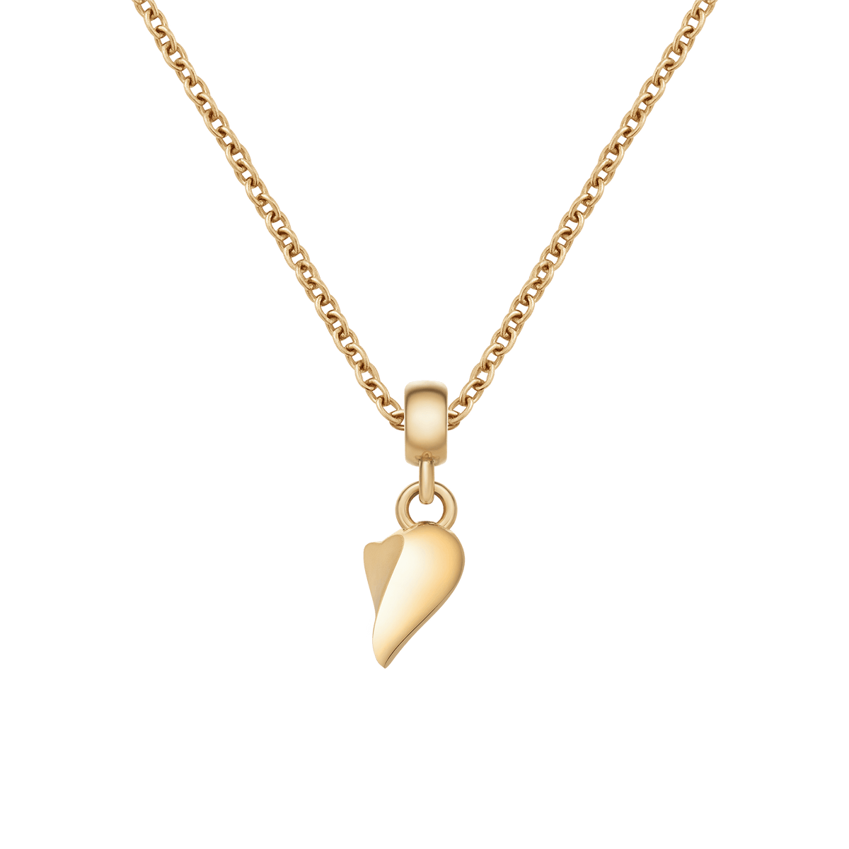 ゴールドチェーンネックレスに装着したBroken Heart Charm Goldの片側ピースの商品写真です。ポリッシュ仕上げの立体的なハーフハートモチーフが、チェーンの中央で柔らかな光を放っています。