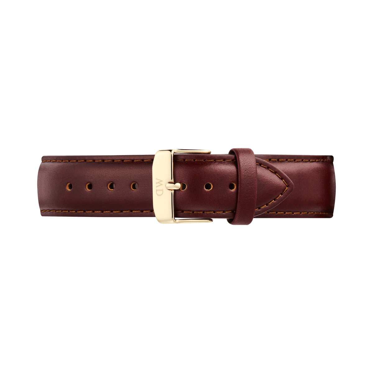 Daniel WellingtonのTapered St Mawesストラップの全体像。深みのあるブラウンのイタリア製本革に同系色のステッチが施され、ゴールド仕上げのピンバックルがフラットに収まったクラシックなデザインです。