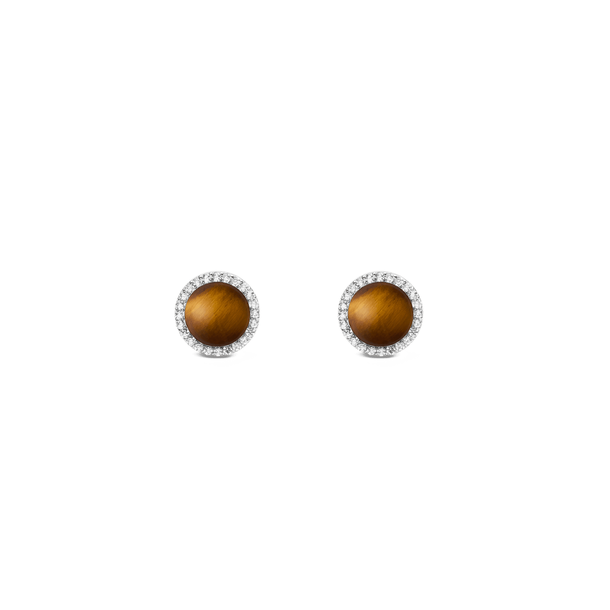 ダニエルウェリントン Audrey Earrings Tiger Eye Silverのペアです。ドーム型にカットされた琥珀色のタイガーアイを、ホワイトキュービックジルコニアのヘイローがシルバーフレームで包み込むスタッドピアスです。