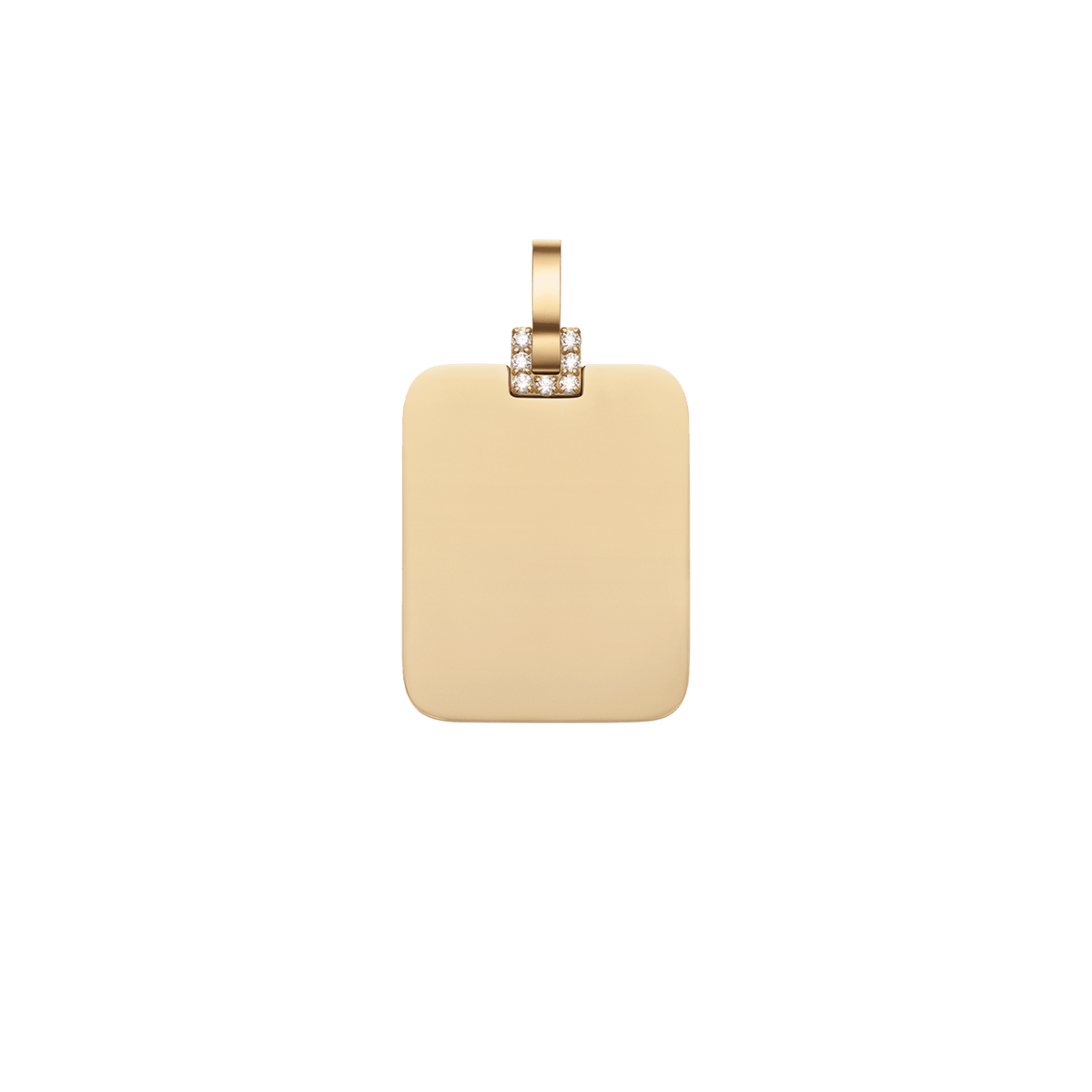 ダニエルウェリントンのゴールドペンダントトップ「Rectangular Detail Crystal Pendant G」単体です。鏡面仕上げの長方形プレートと、バチカン部分にあしらわれた小粒のクリスタルが特徴のミニマルデザインです。