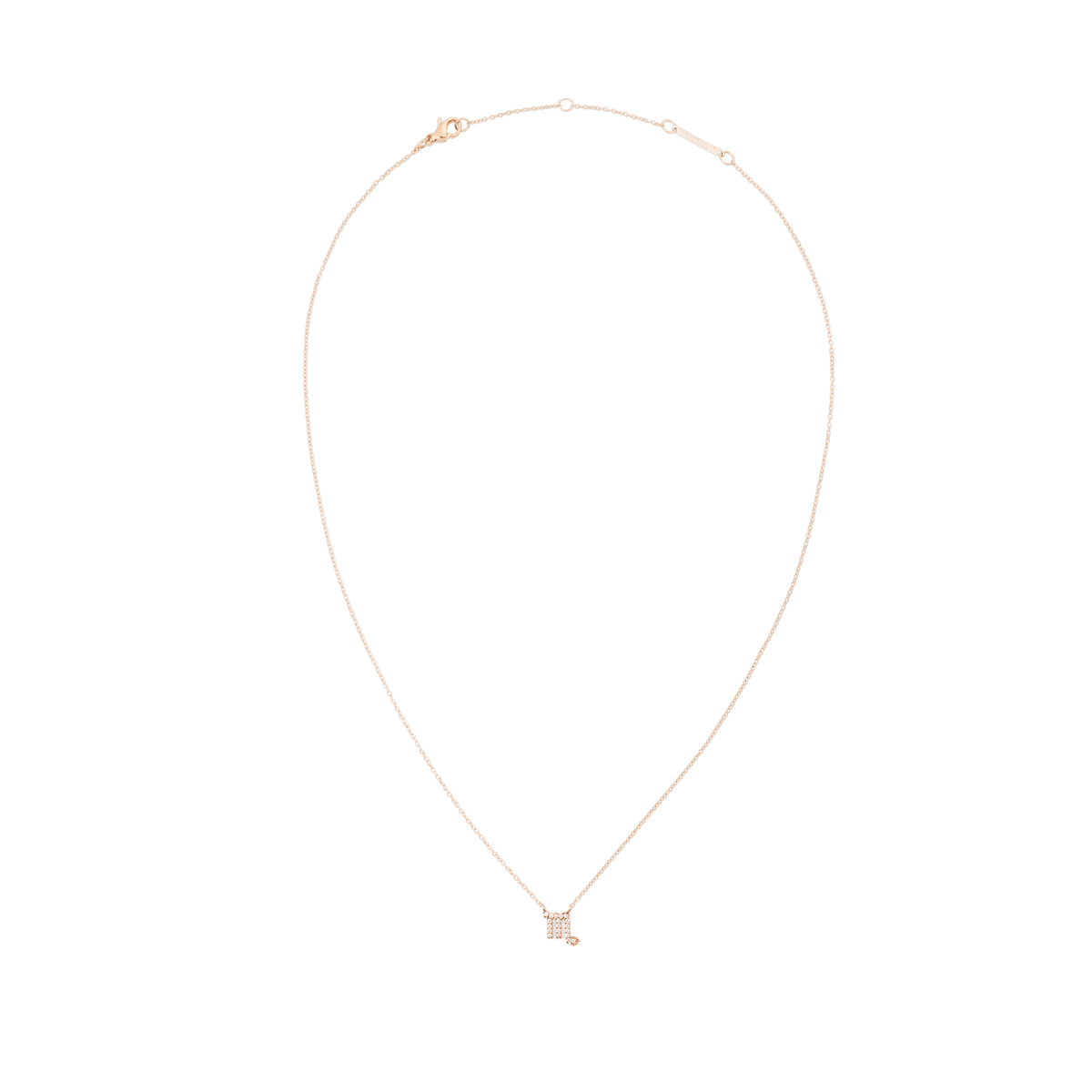 さそり座モデルのCrystal Zodiac Chain Necklace ローズゴールドを白背景で撮影した画像です。繊細なローズゴールドチェーンが自然なドロップ型のシルエットを描き、チェーンの最下部にはクリスタルをセットしたさそり座のペンダントがあしらわれています。上部にはロブスタークラスプとブランドプレート付きのアジャスターが確認できます。