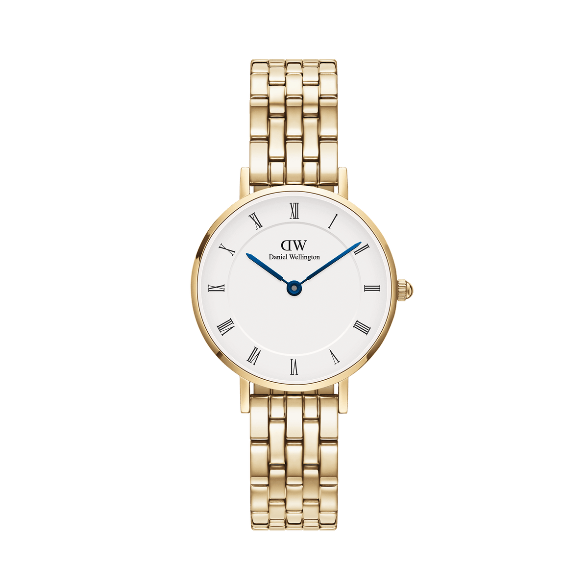 Daniel Wellington Petite Roman Numerals 5-Link Goldの正面画像。ホワイトダイヤルにローマ数字のインデックスとブルースチールの針をあしらい、ゴールドの5リンクブレスレットが上品に輝く女性向け腕時計です。