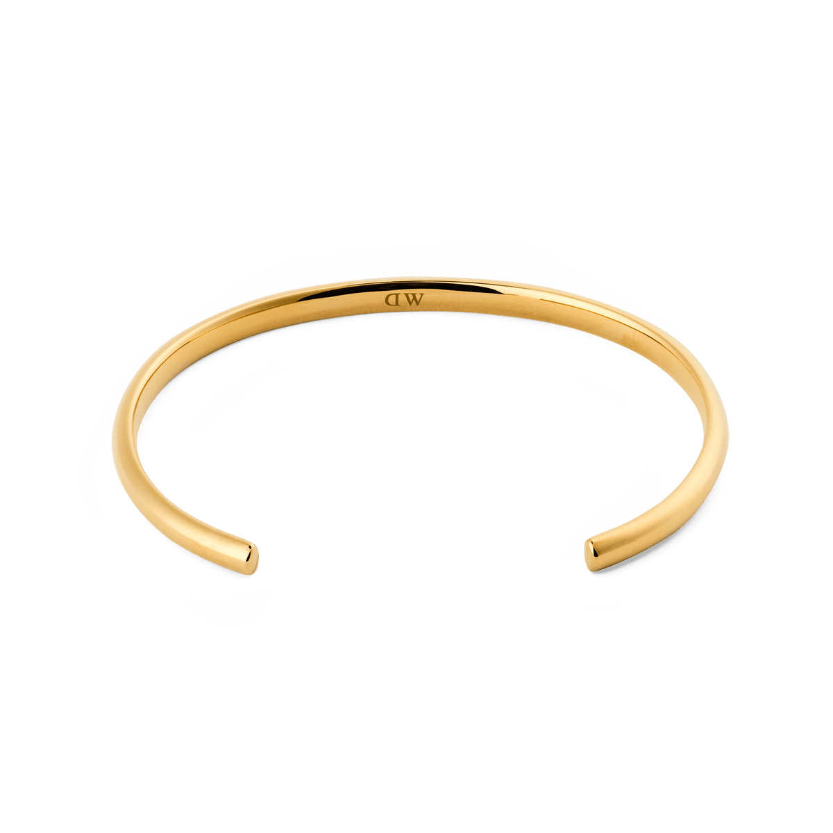 Arch Cuff Gold 4mmを内側から捉えたアングルの画像です。ポリッシュ加工のゴールドの美しい曲線と、内側に刻印されたDaniel Wellingtonのロゴが確認できます。