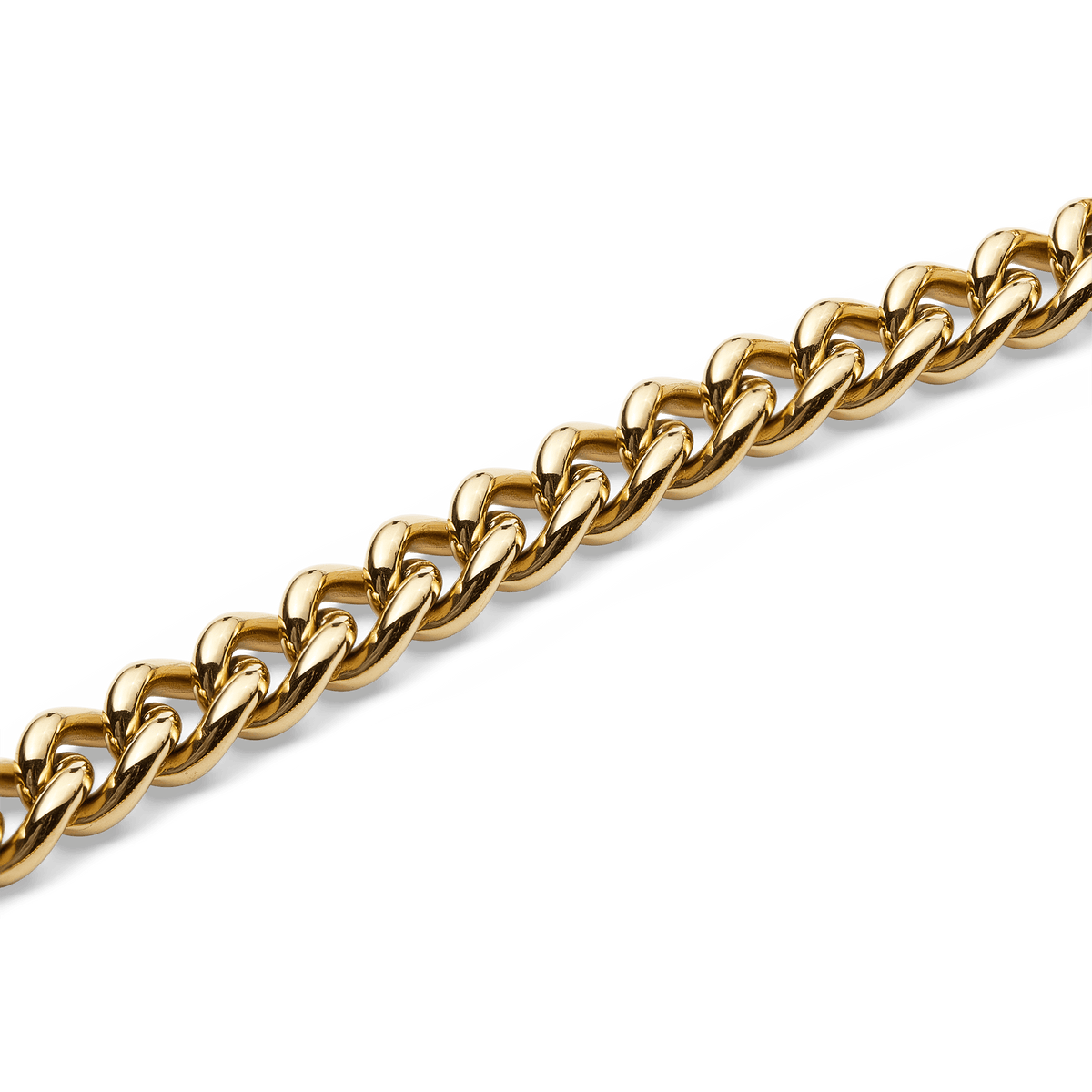 Chunky Chain Necklaceのリンク部分を拡大したディテール写真です。ゴールドPVDメッキのポリッシュ仕上げが光を反射して輝き、太めのカーブリンク一つひとつの立体的な曲線と陰影が際立ちます。