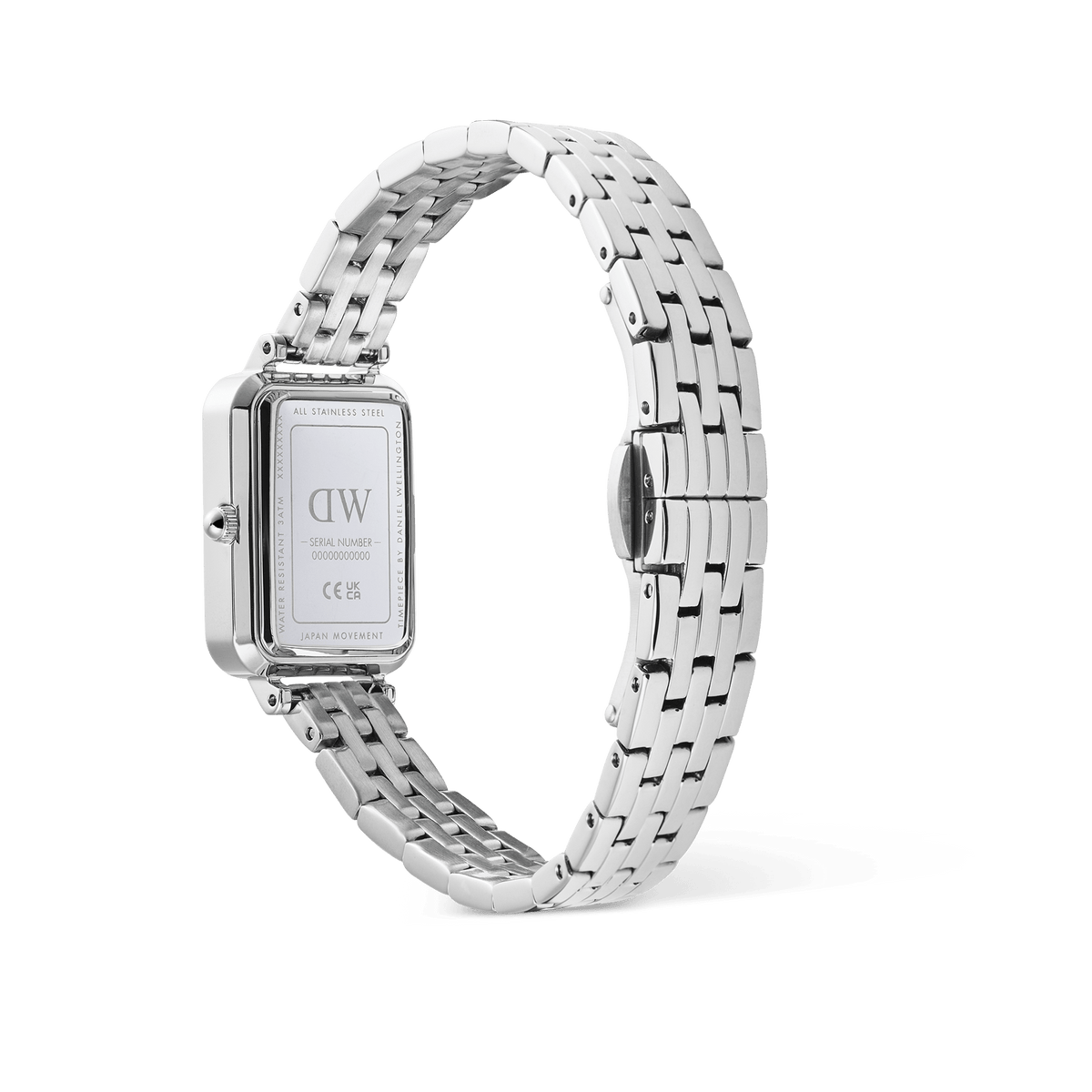 Quadro Roman Numerals Date 5-link Silverの裏蓋側を撮影した写真です。ステンレススチール製のケースバックにはDaniel Wellingtonのロゴやシリアルナンバーが刻印されており、5リンクブレスレットのバタフライバックルの構造や、ポリッシュ仕上げの質感がご確認いただけます。
